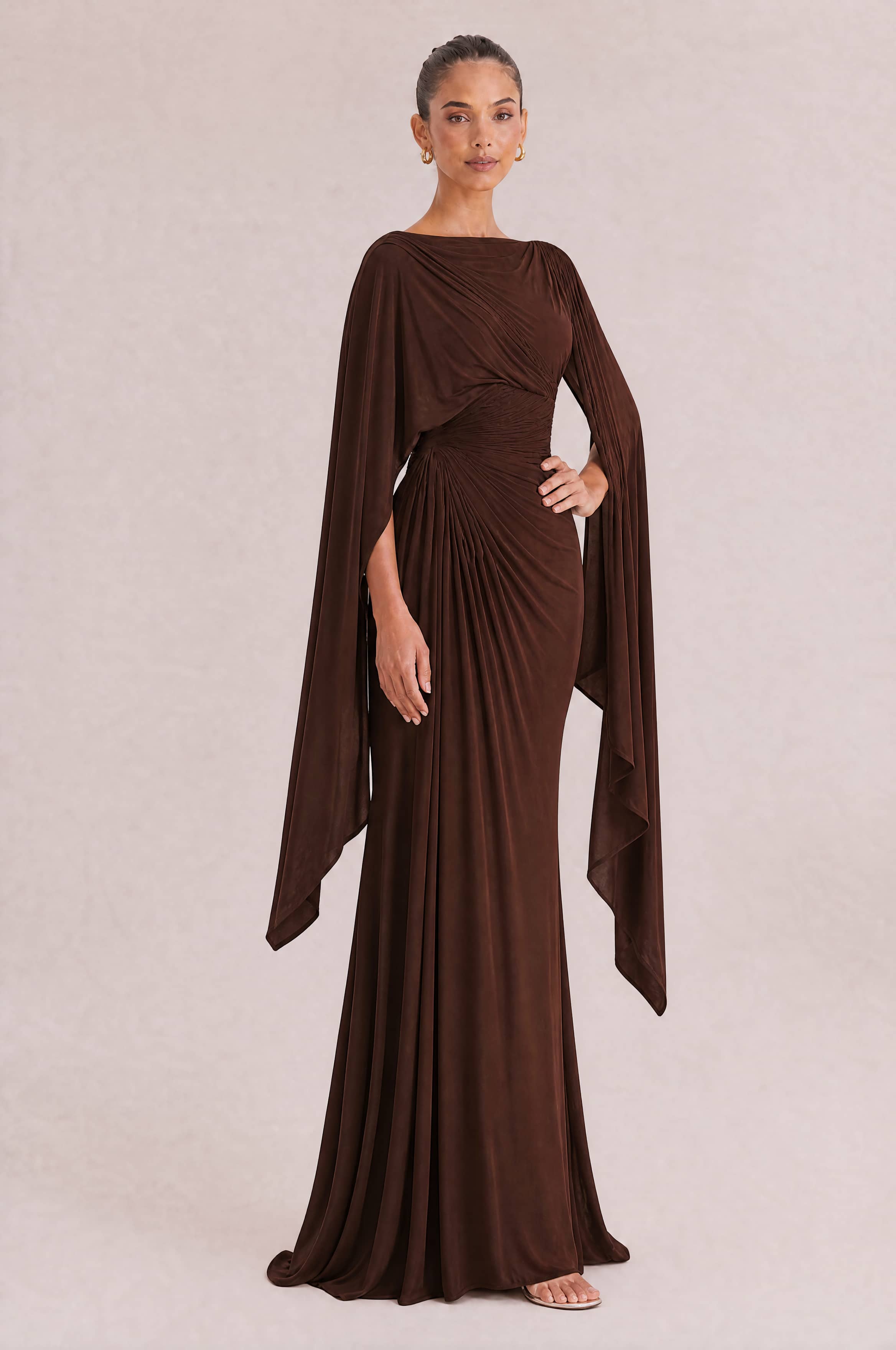 Boat Neck Pleated Slim Fit Maxi Dress