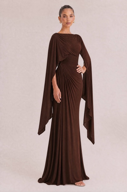 Boat Neck Pleated Slim Fit Maxi Dress