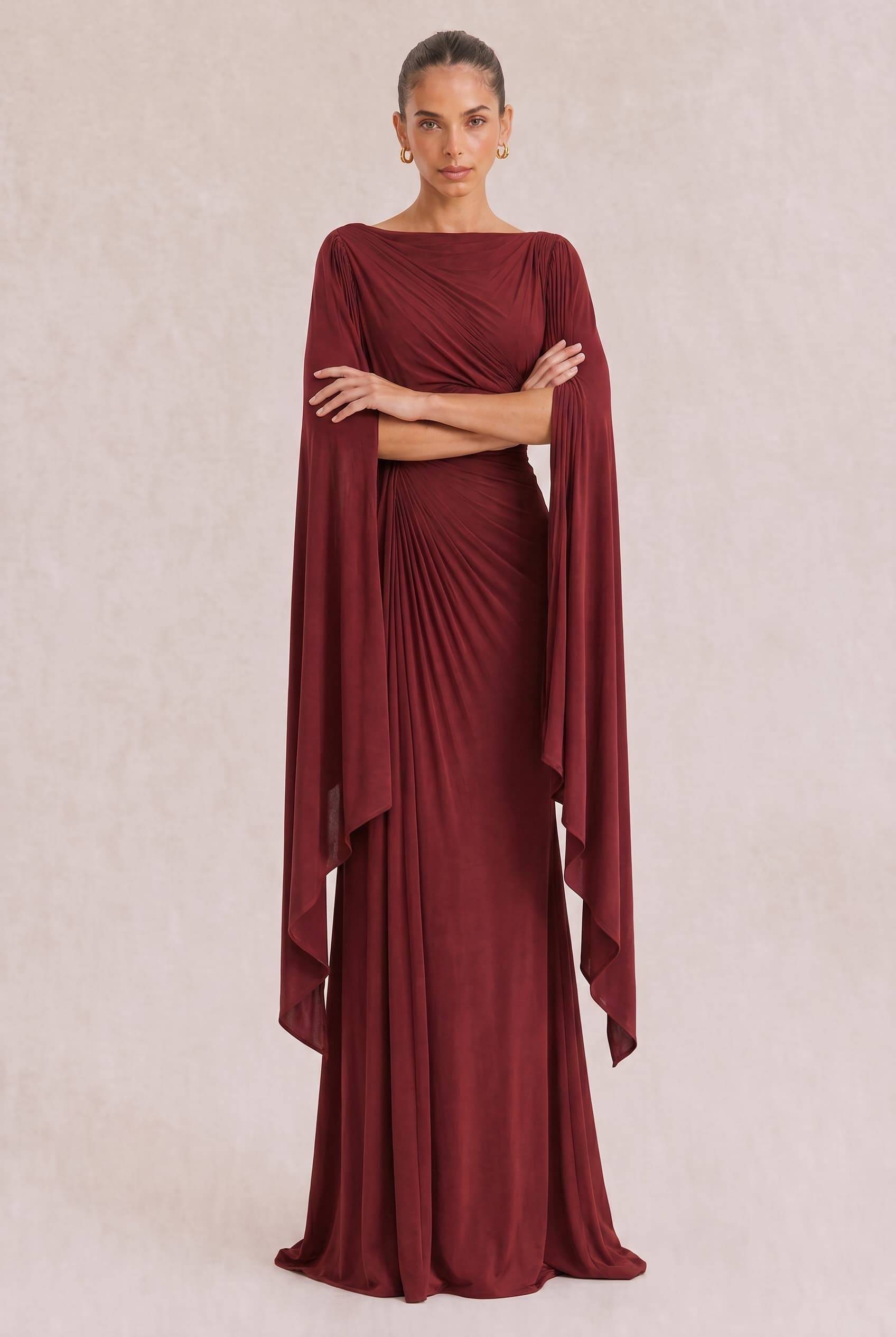 Boat Neck Pleated Slim Fit Maxi Dress