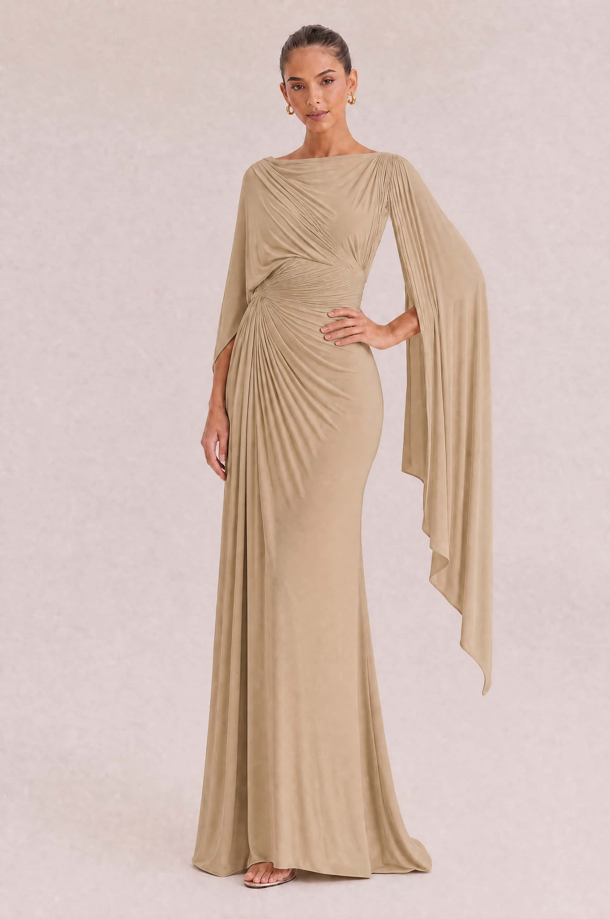 Boat Neck Pleated Slim Fit Maxi Dress