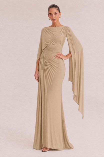 Boat Neck Pleated Slim Fit Maxi Dress