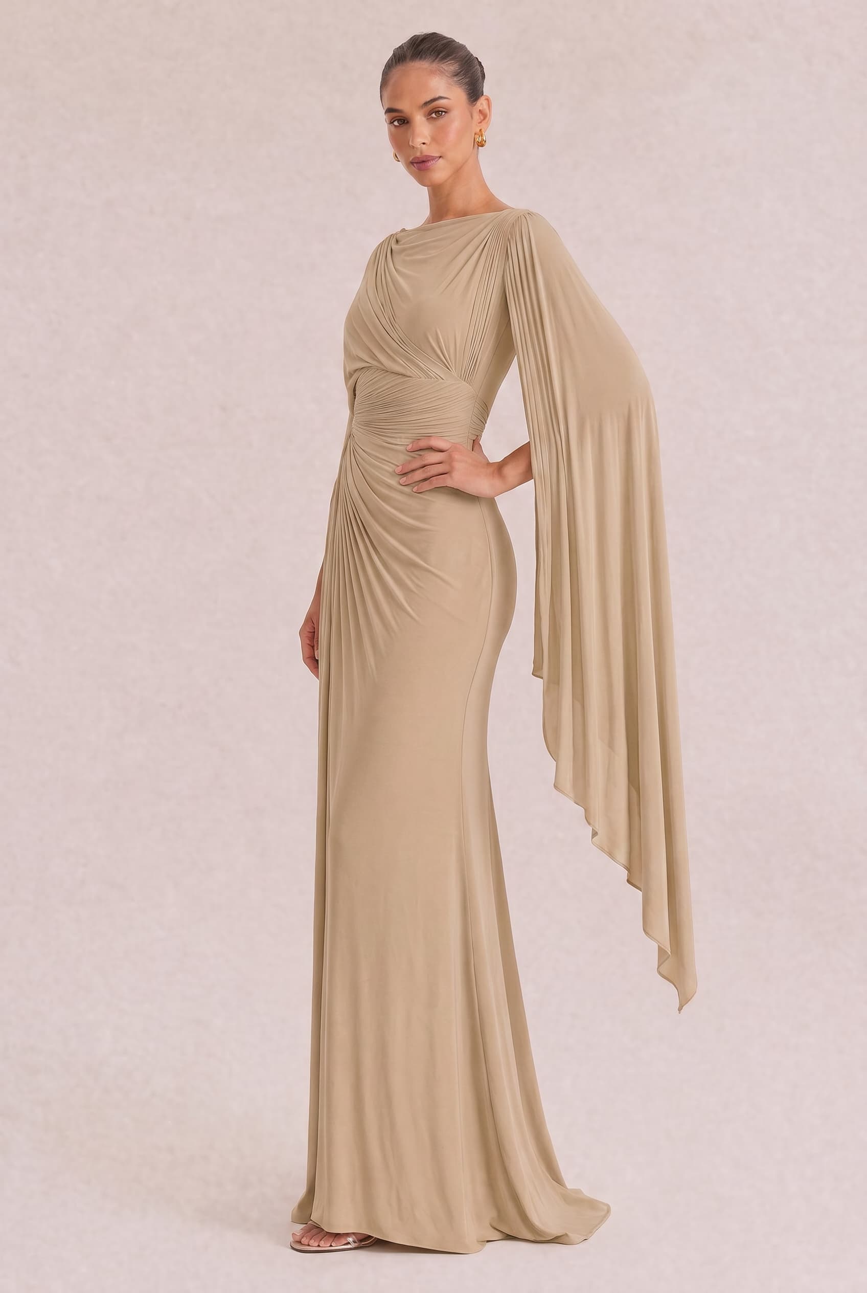 Boat Neck Pleated Slim Fit Maxi Dress