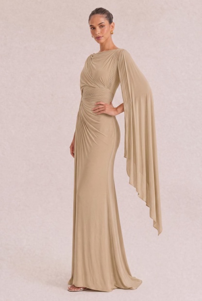 Boat Neck Pleated Slim Fit Maxi Dress