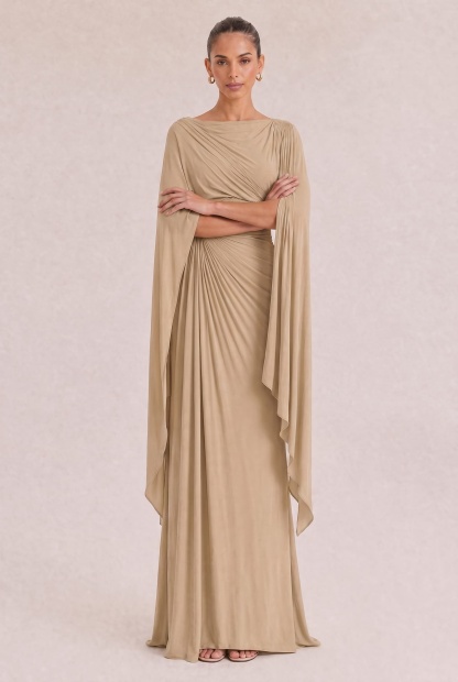 Boat Neck Pleated Slim Fit Maxi Dress