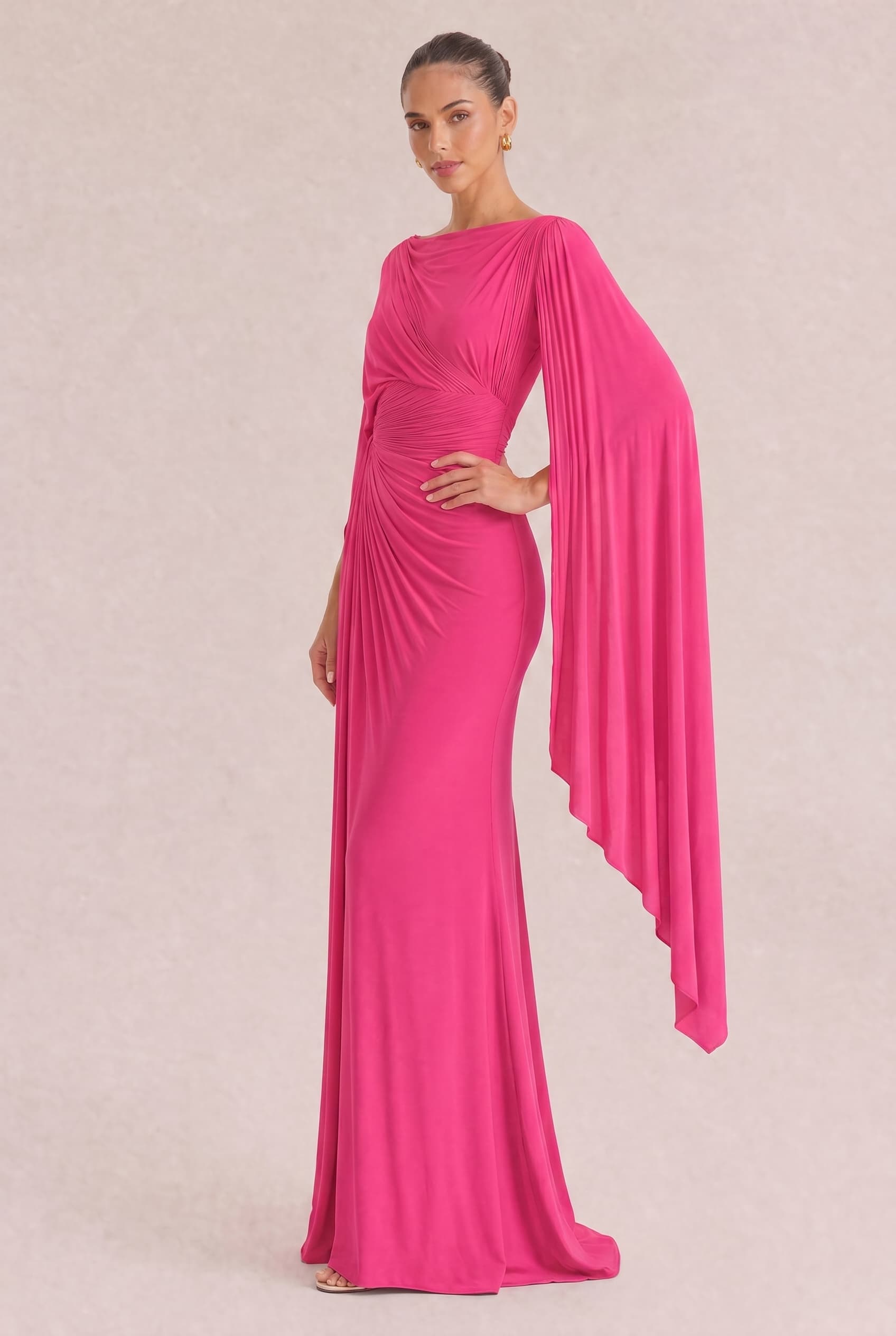 Boat Neck Pleated Slim Fit Maxi Dress