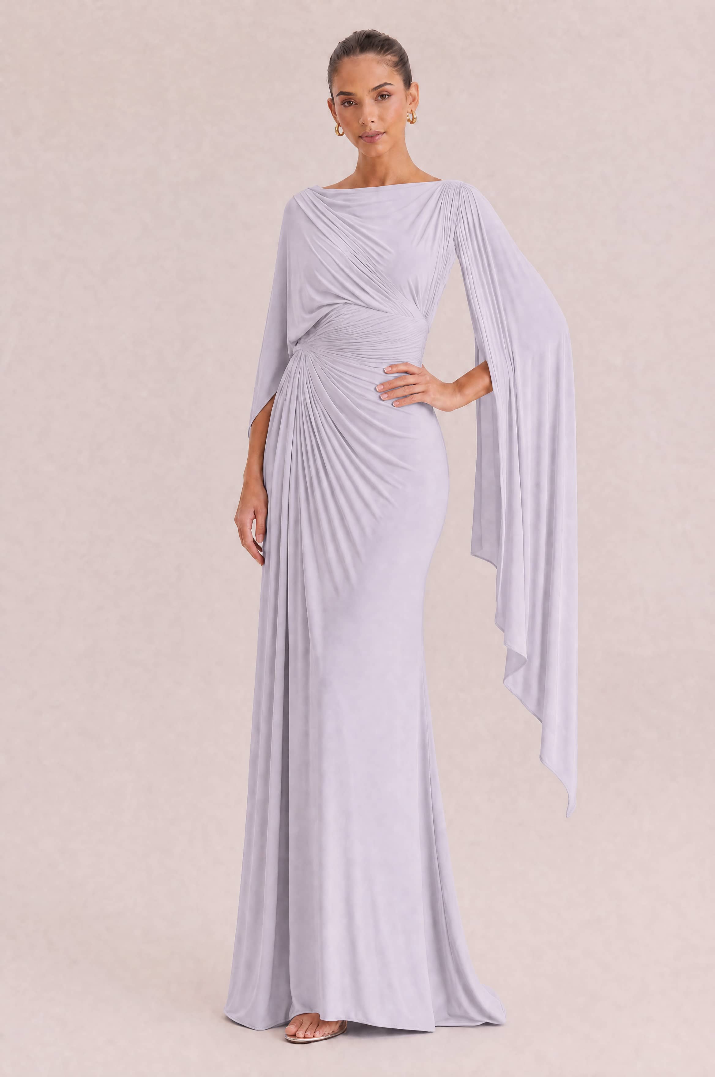 Boat Neck Pleated Slim Fit Maxi Dress