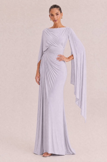 Boat Neck Pleated Slim Fit Maxi Dress