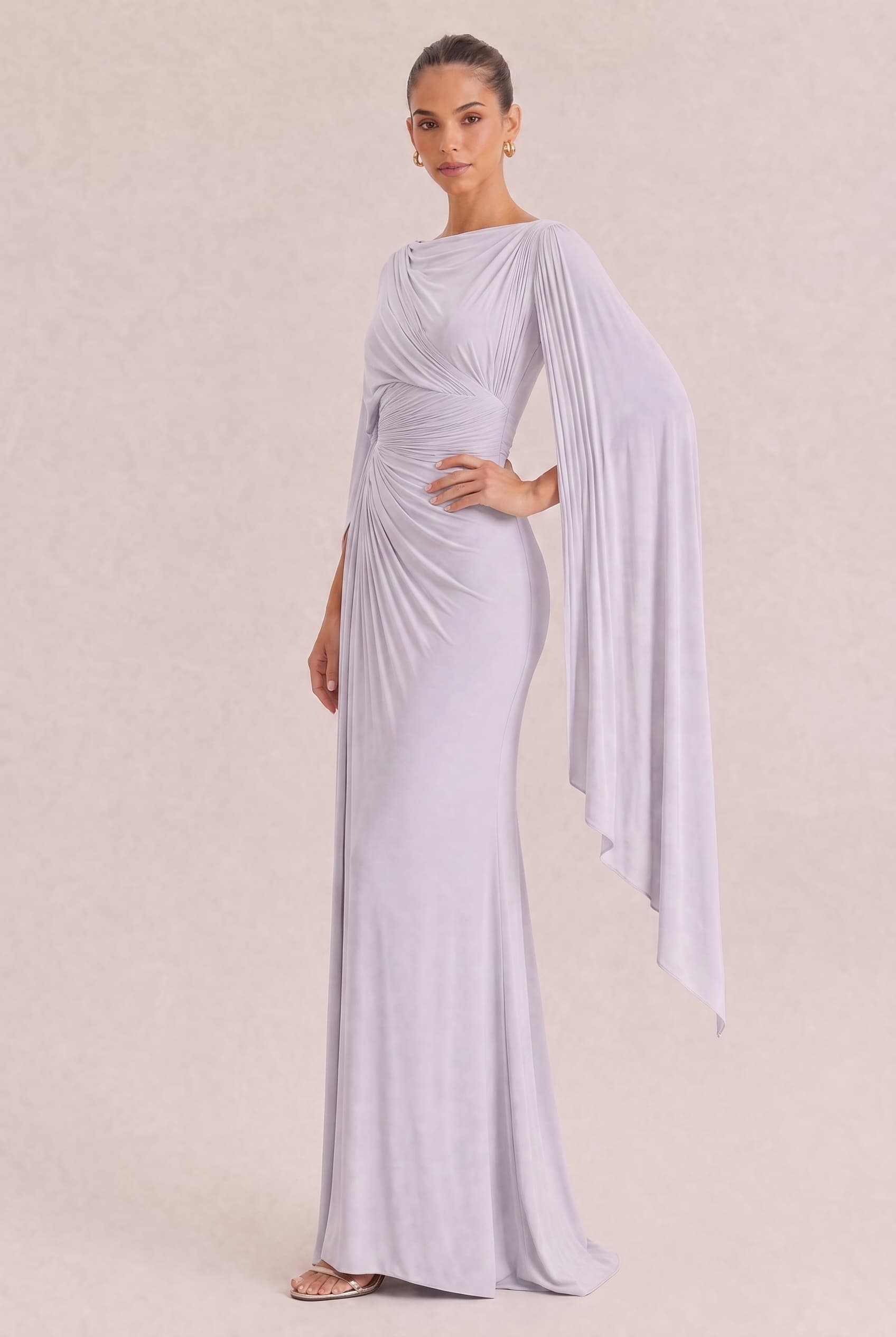 Boat Neck Pleated Slim Fit Maxi Dress