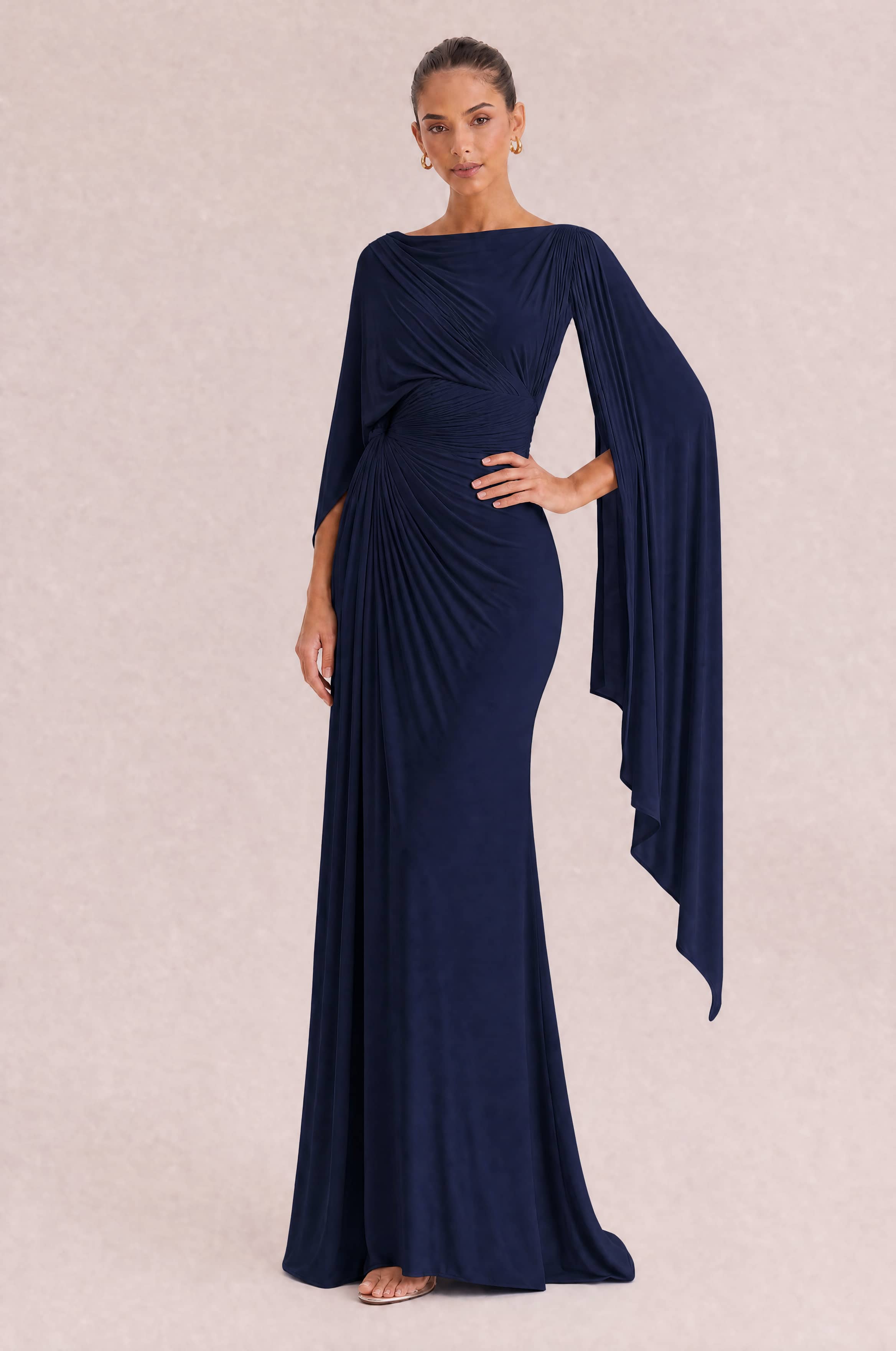 Boat Neck Pleated Slim Fit Maxi Dress