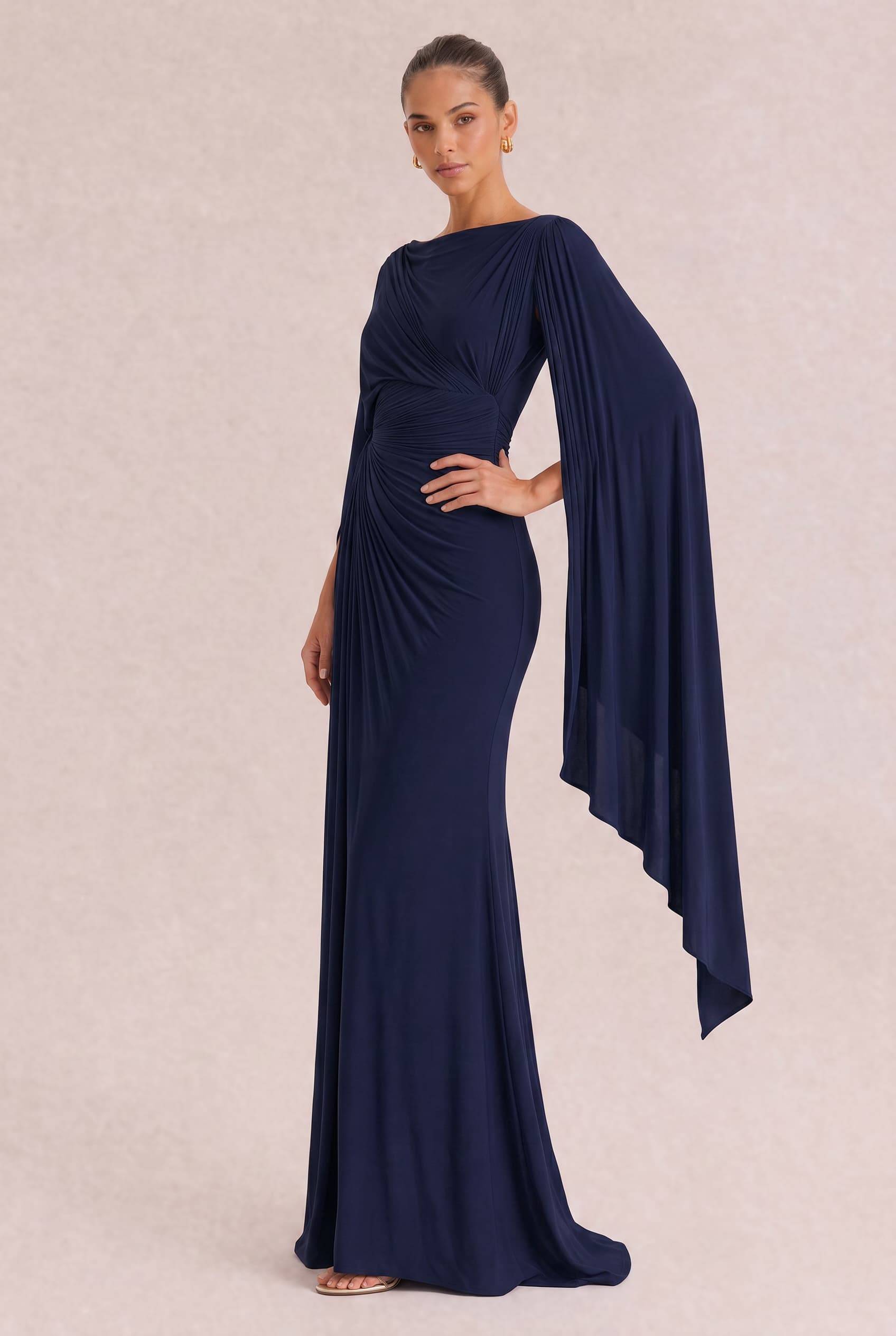 Boat Neck Pleated Slim Fit Maxi Dress