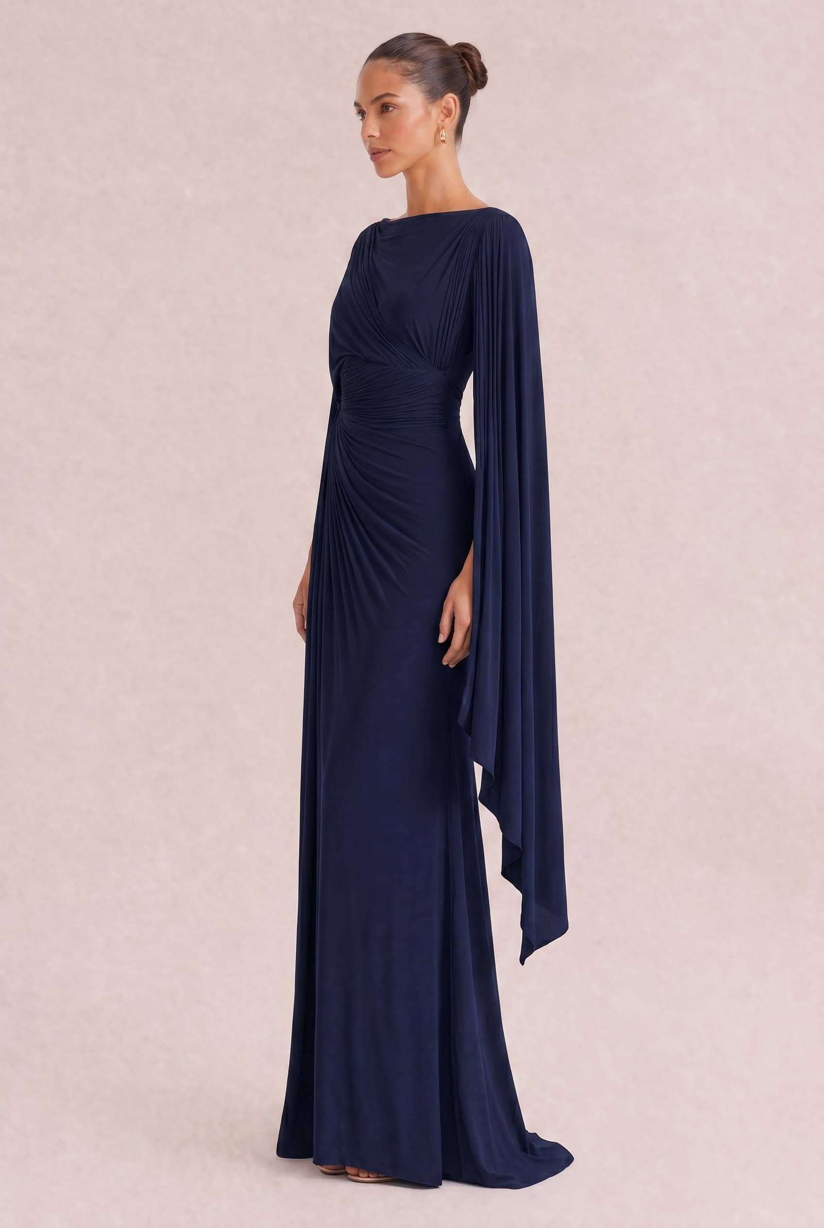 Boat Neck Pleated Slim Fit Maxi Dress