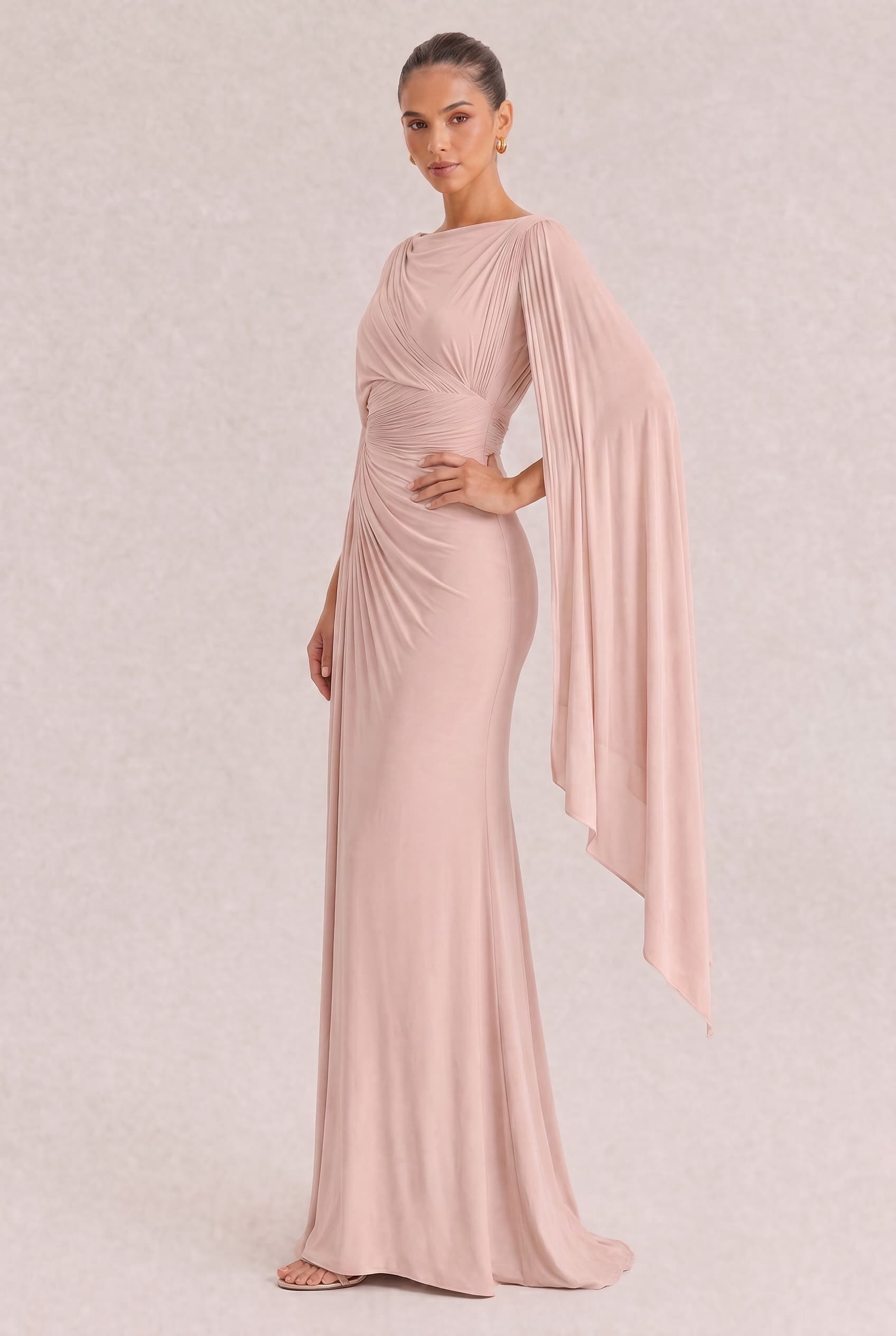 Boat Neck Pleated Slim Fit Maxi Dress