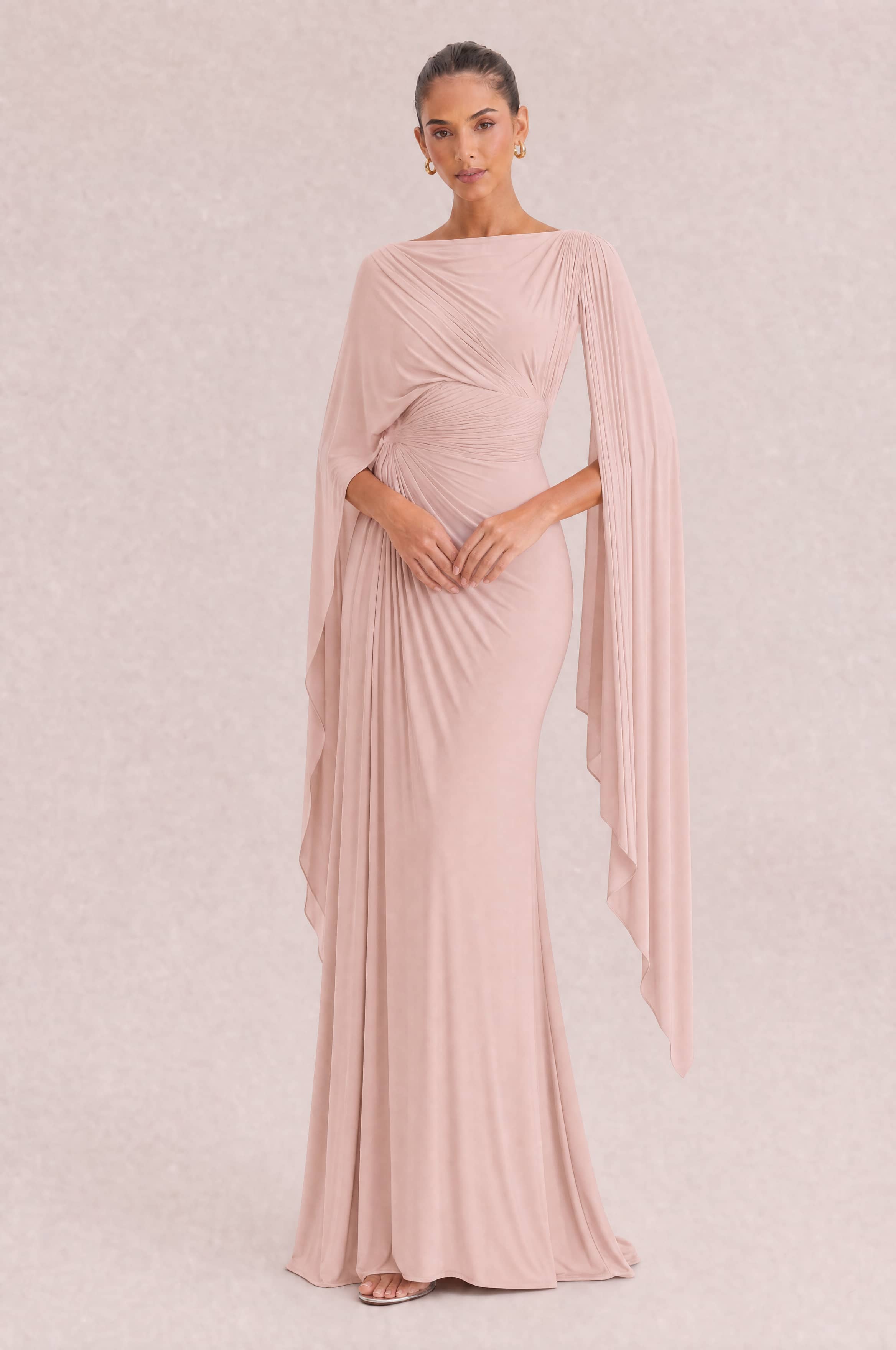 Boat Neck Pleated Slim Fit Maxi Dress