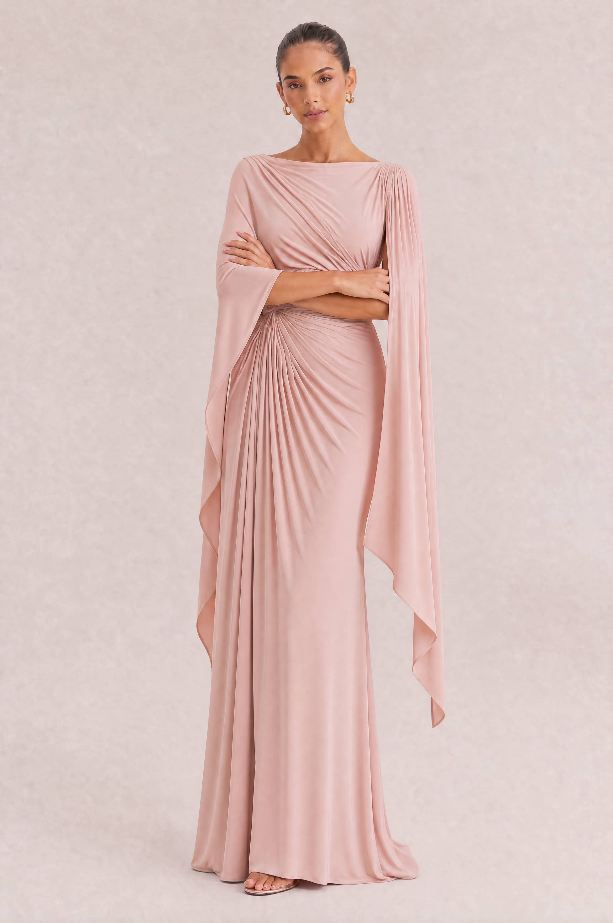 Boat Neck Pleated Slim Fit Maxi Dress