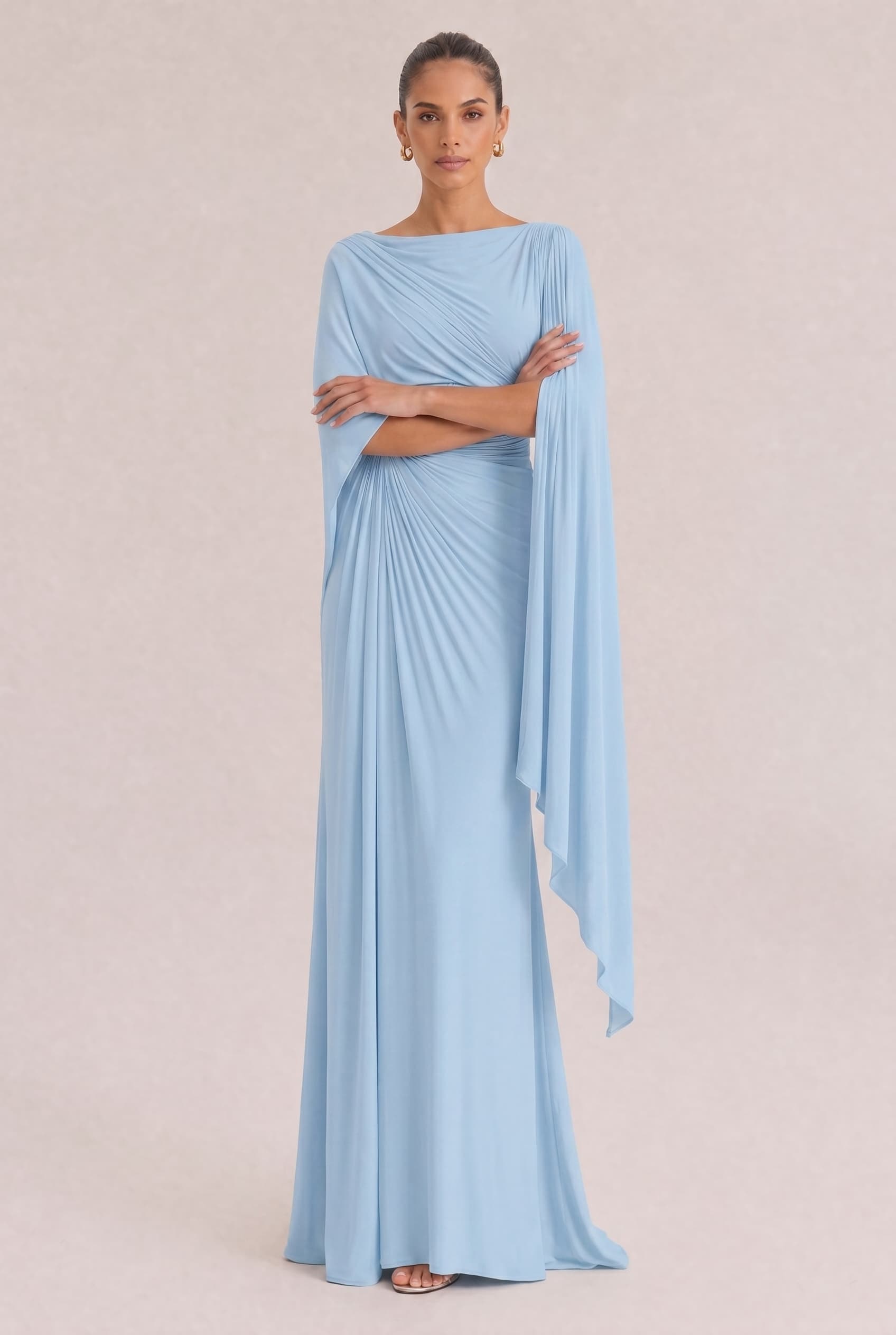 Boat Neck Pleated Slim Fit Maxi Dress