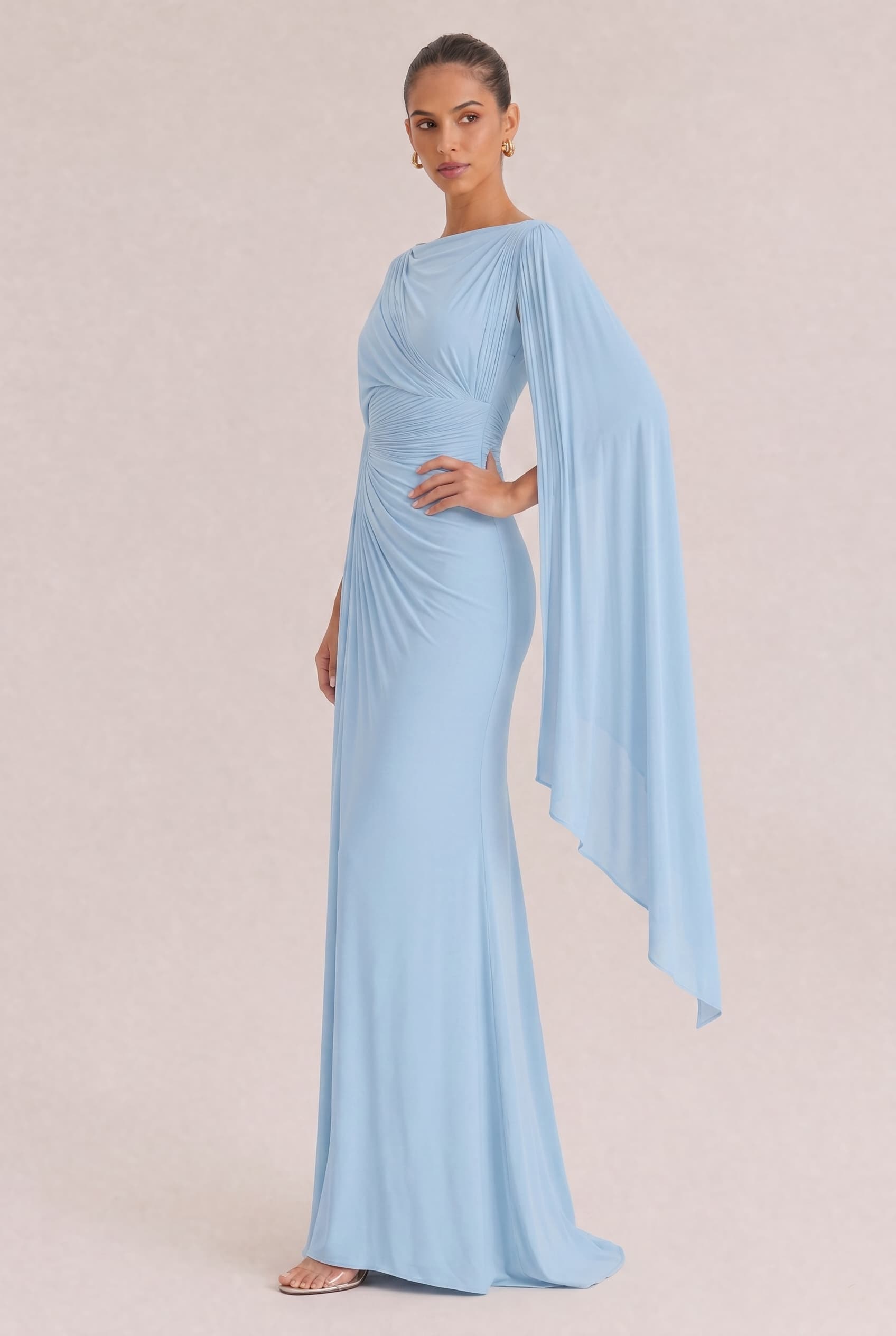 Boat Neck Pleated Slim Fit Maxi Dress