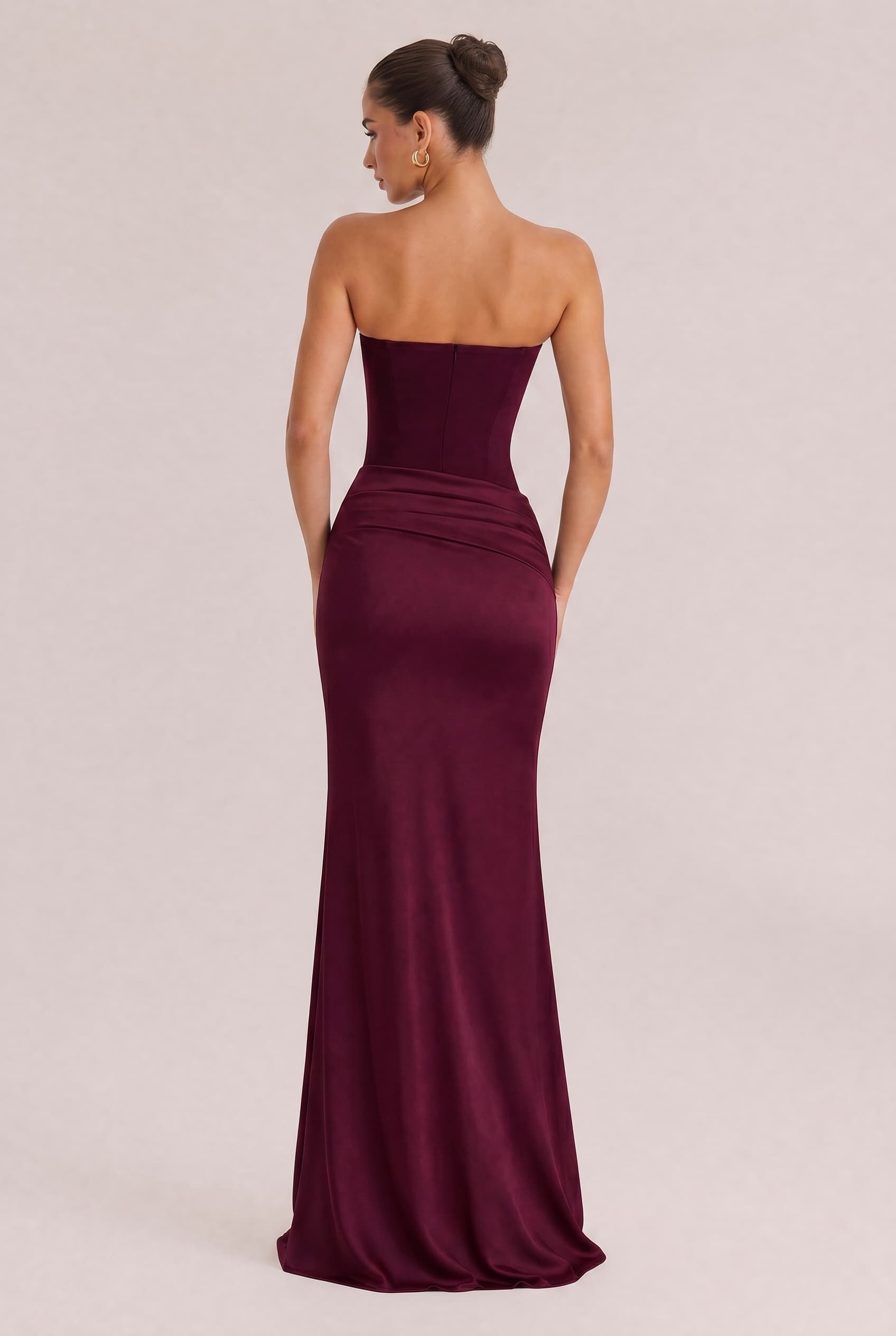 Elegant Strapless Draped Satin Maxi Dress