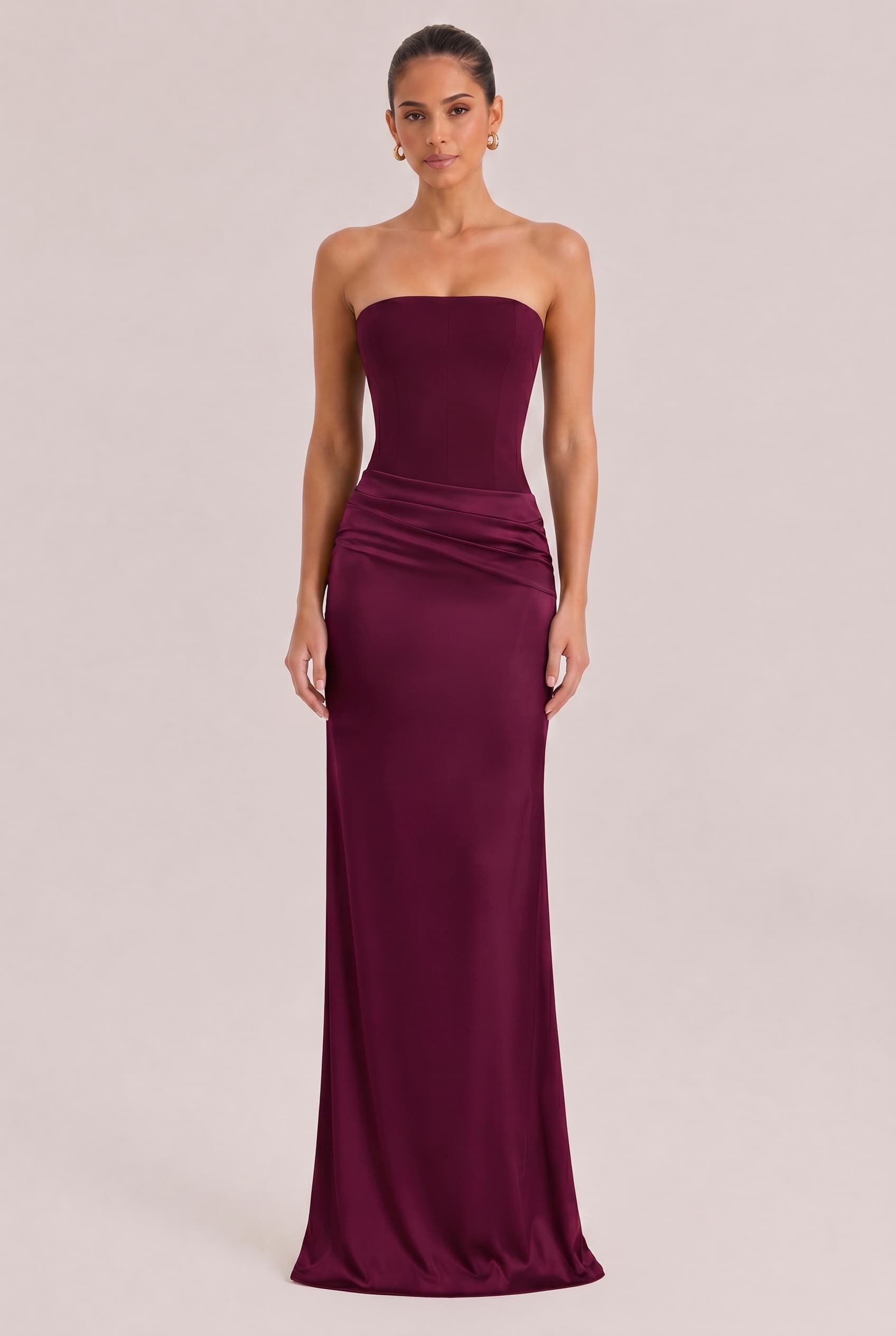 Elegant Strapless Draped Satin Maxi Dress