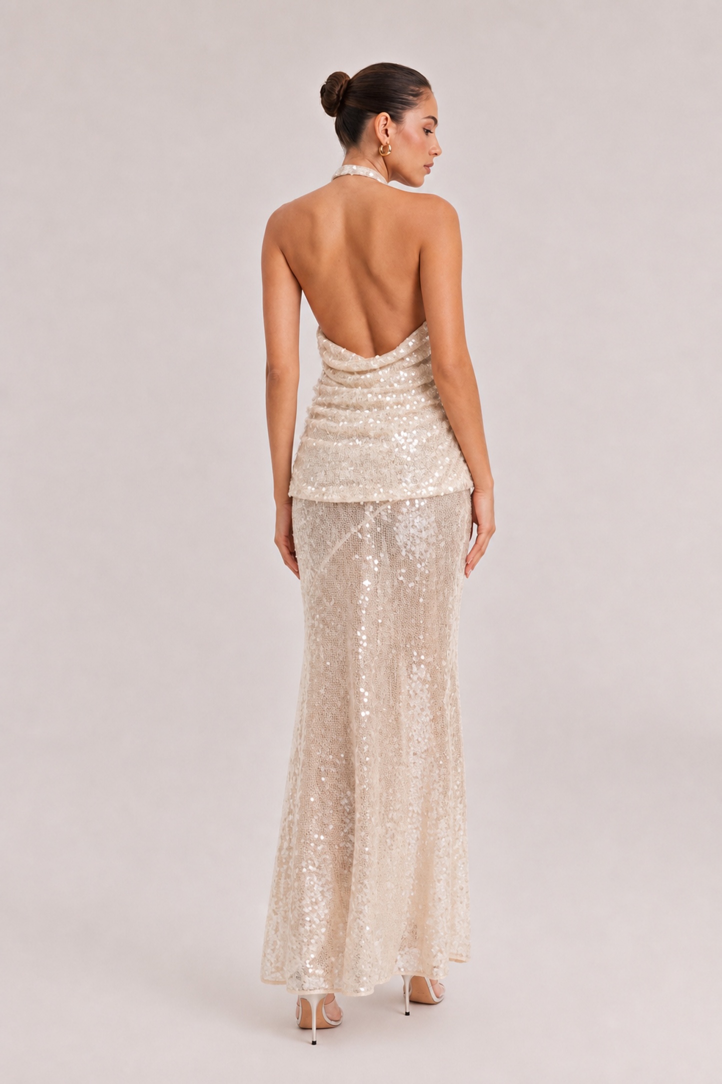 Champagne Hanging Neck Hollow Kink Tight Waist Sequins Slim-fit Fishtail Long Dress