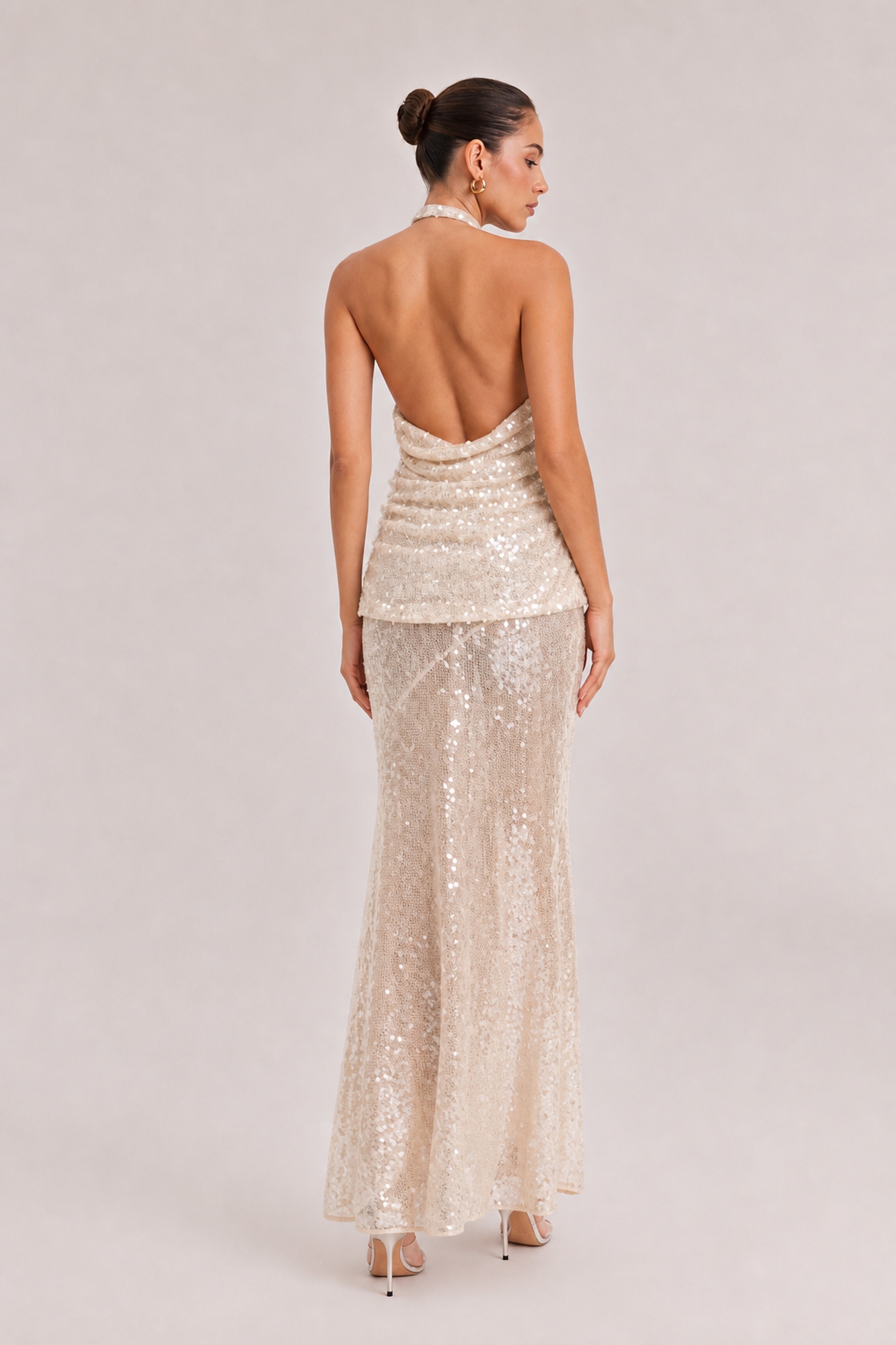 Champagne Hanging Neck Hollow Kink Tight Waist Sequins Slim-fit Fishtail Long Dress