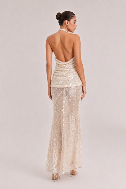 Champagne Hanging Neck Hollow Kink Tight Waist Sequins Slim-fit Fishtail Long Dress