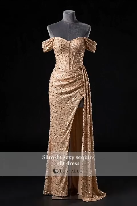 Off-Shoulder Sequin Slit Maxi Dress