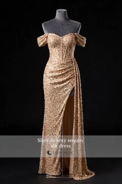 Off-Shoulder Sequin Slit Maxi Dress