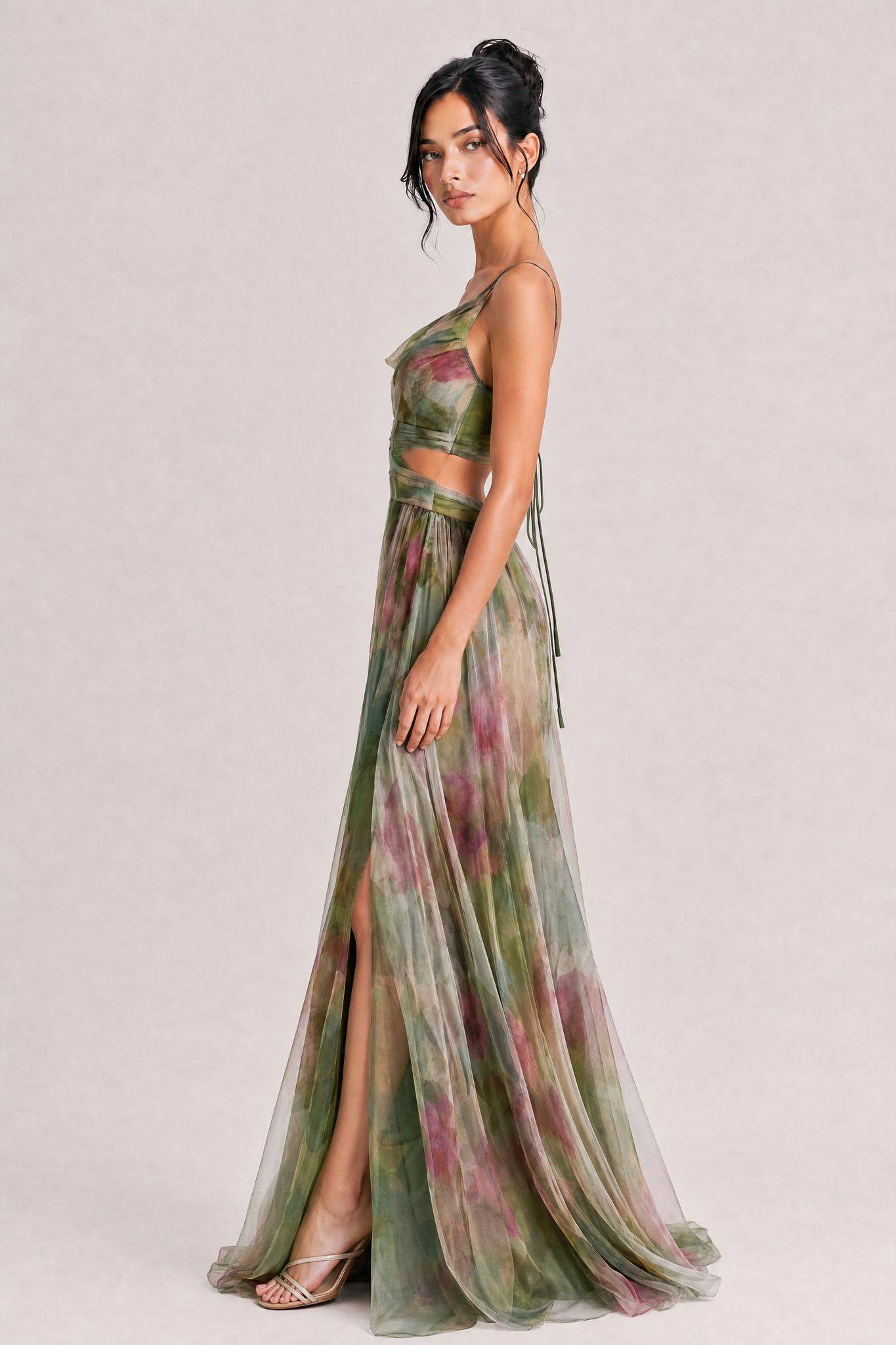 Elegant Painted Floral Print V-Neck A-Line Maxi Dress