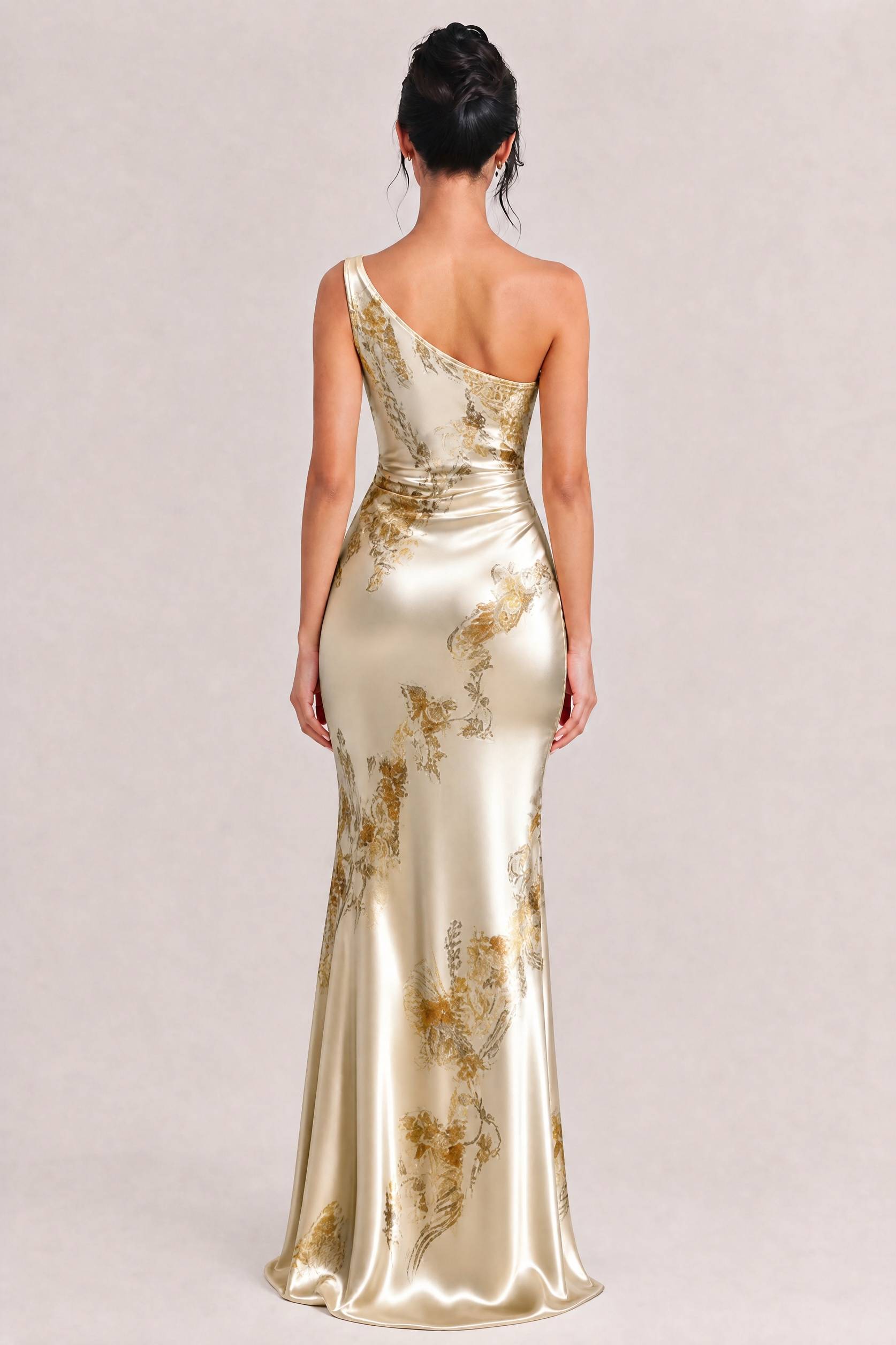 Elegant One-shoulder Floral Satin Maxi Dress