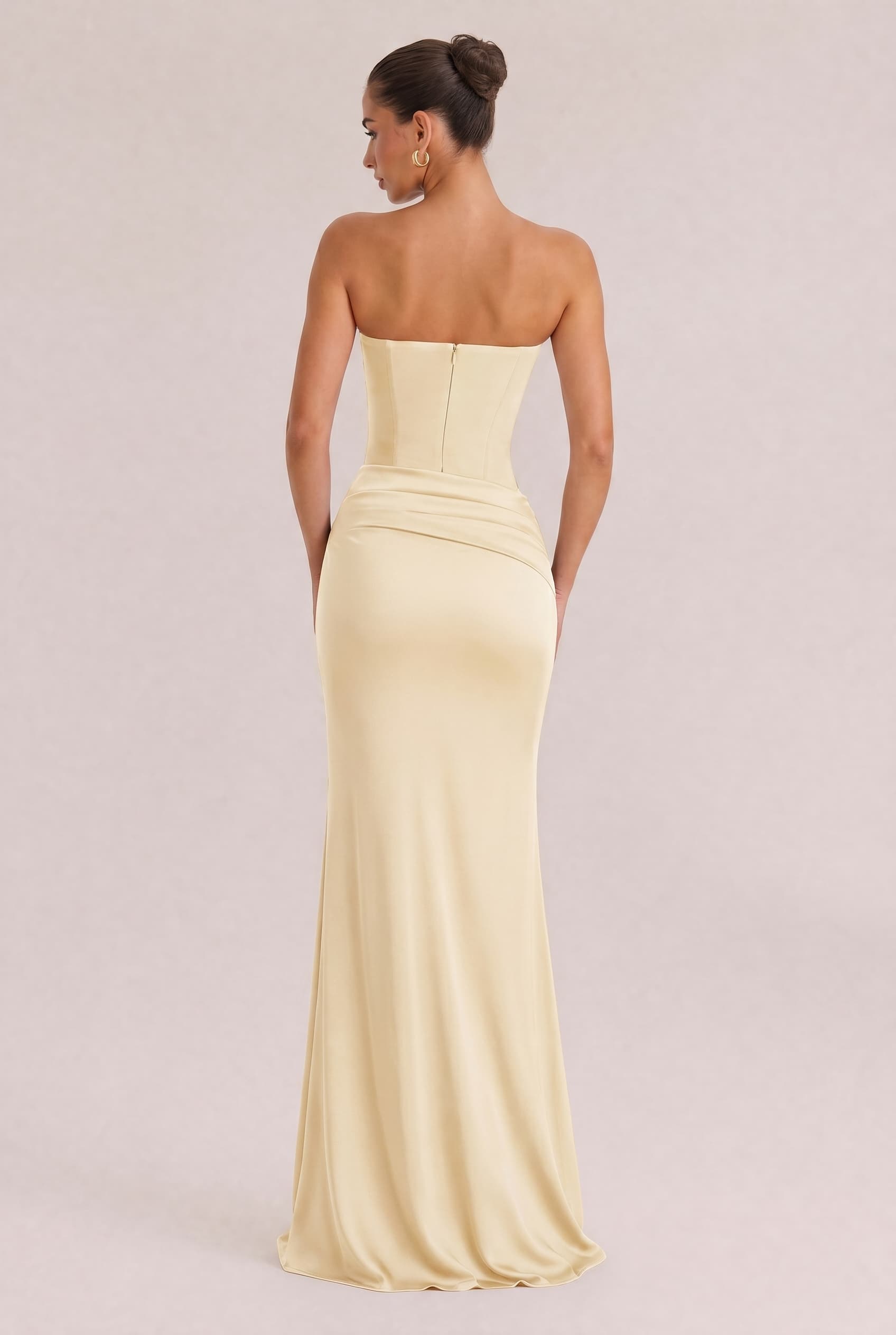 Elegant Strapless Draped Satin Maxi Dress