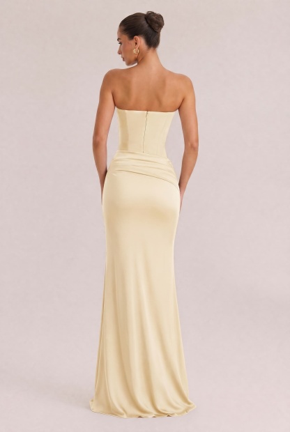 Elegant Strapless Draped Satin Maxi Dress