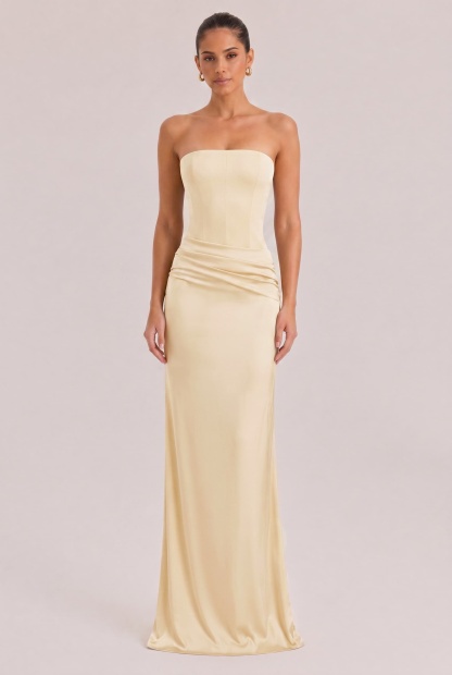 Elegant Strapless Draped Satin Maxi Dress