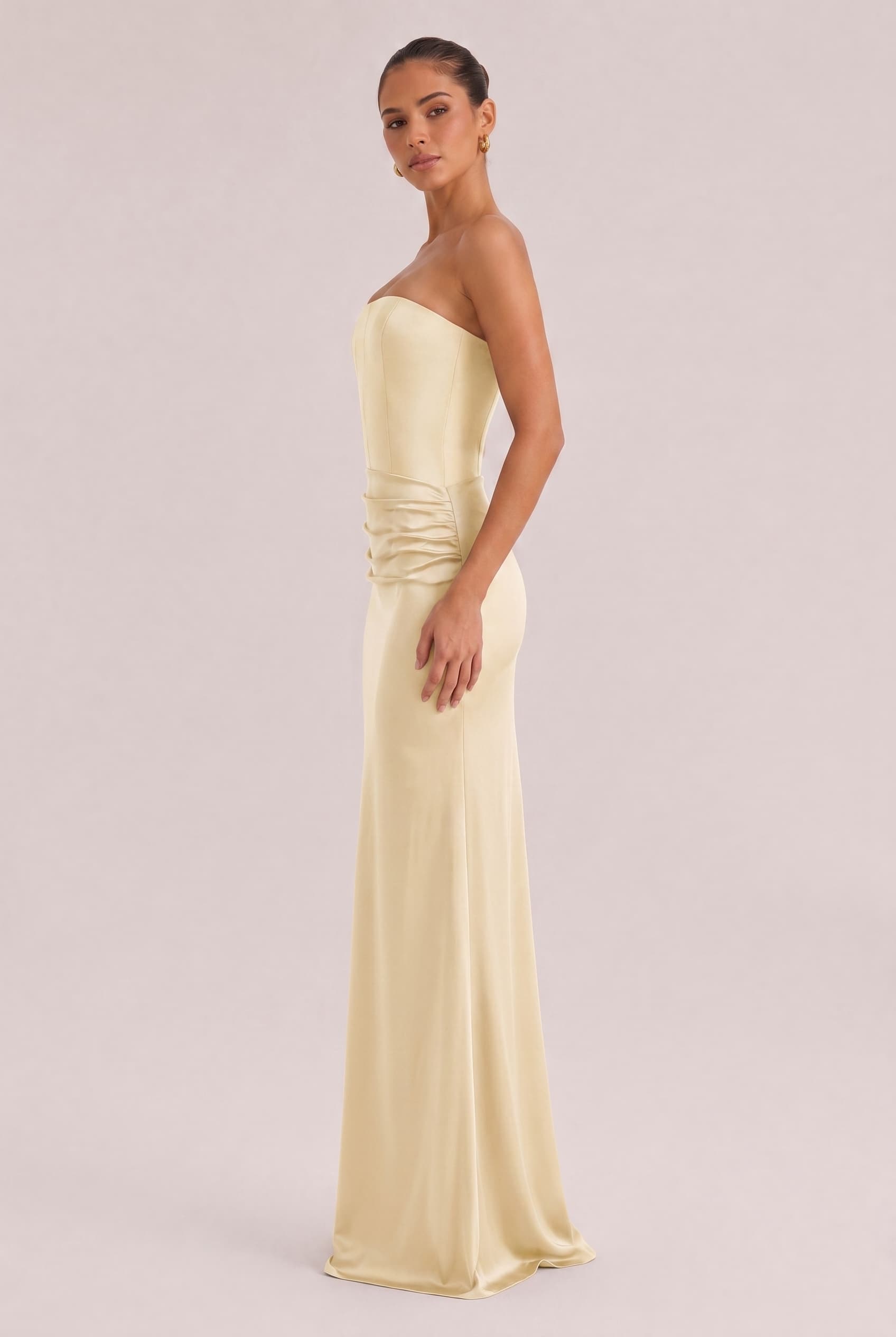 Elegant Strapless Draped Satin Maxi Dress