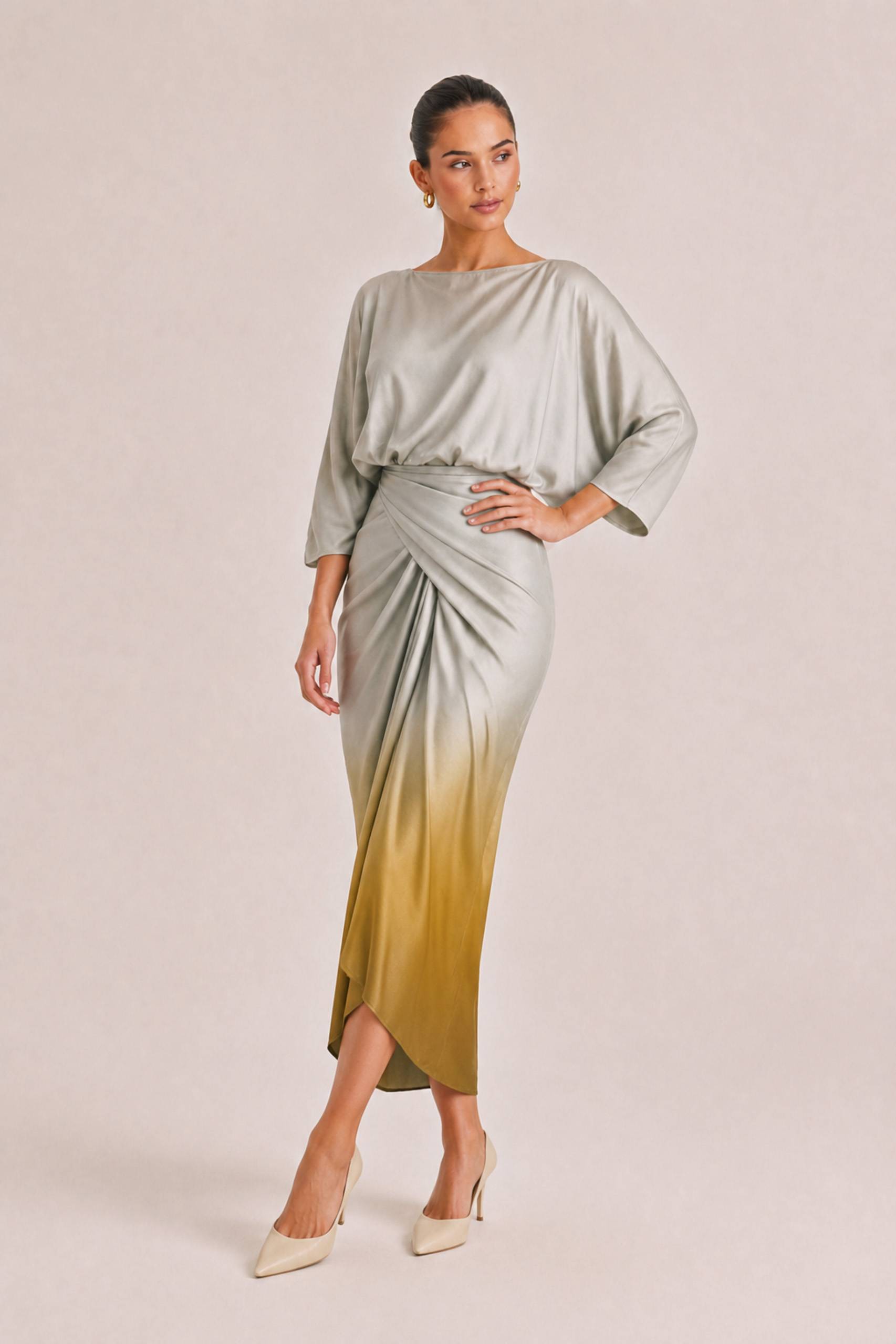 Elegant Gradient Draped Top And Pleated Long Skirt Two-piece Set