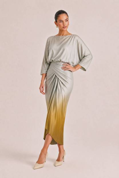 Elegant Gradient Draped Top And Pleated Long Skirt Two-piece Set