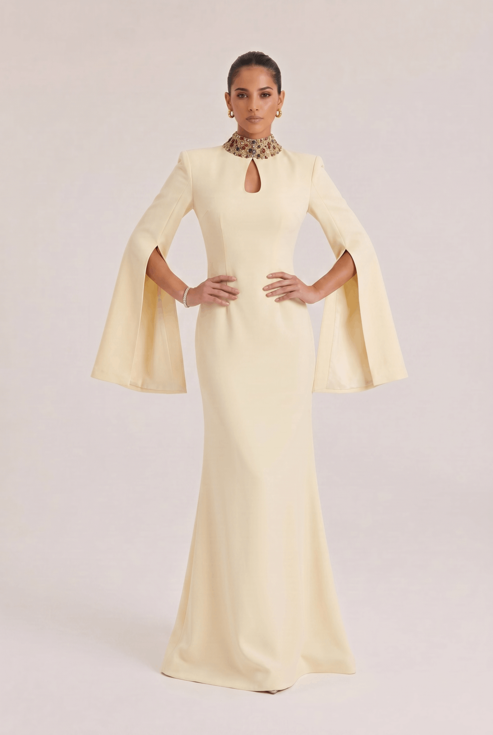 Vertical Collar Beaded And Diamond Split Dress