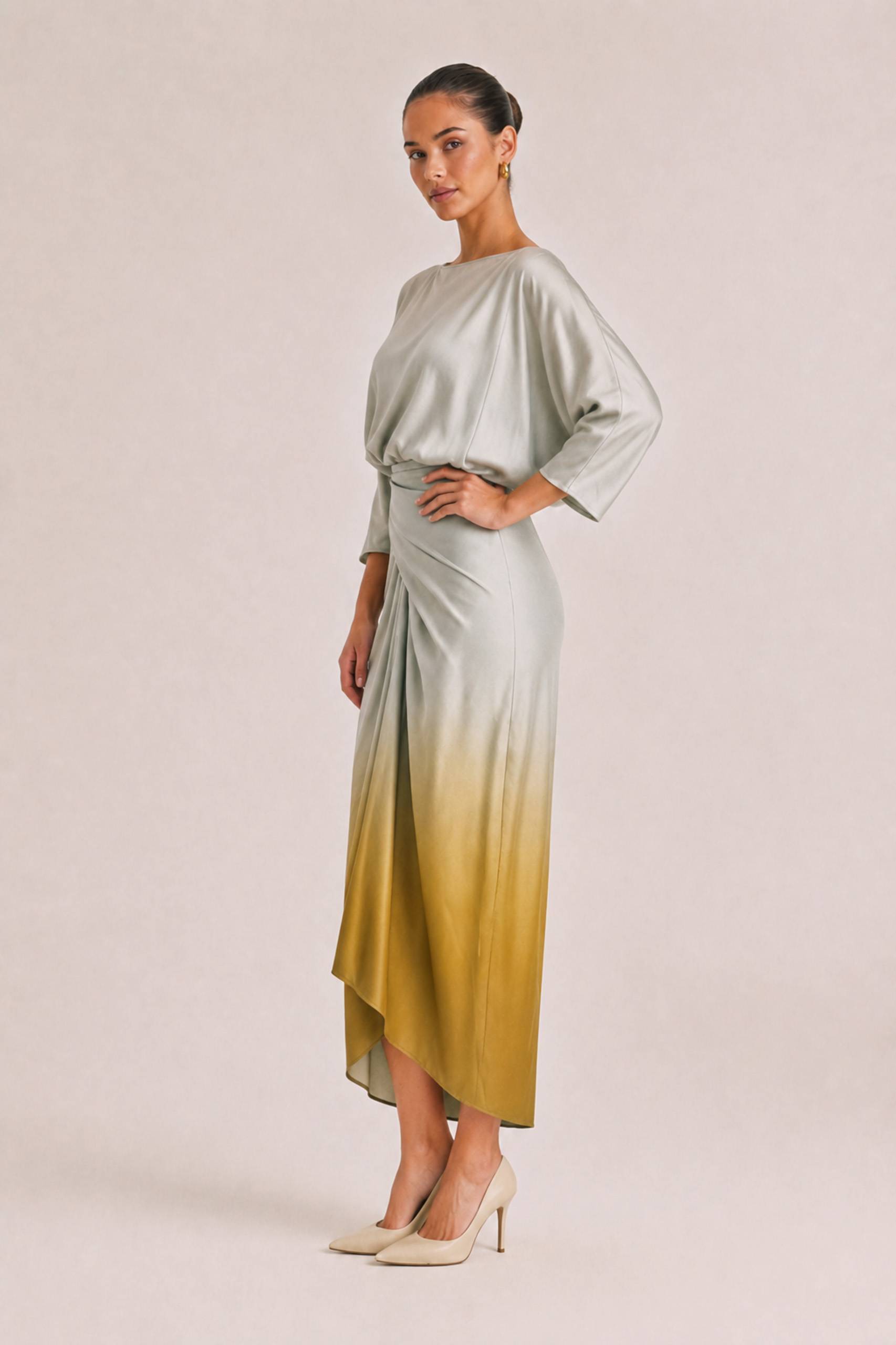 Elegant Gradient Draped Top And Pleated Long Skirt Two-piece Set