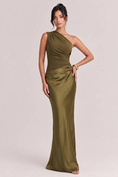Elegant One Shoulder Neck Pleated Party Maxi Dress