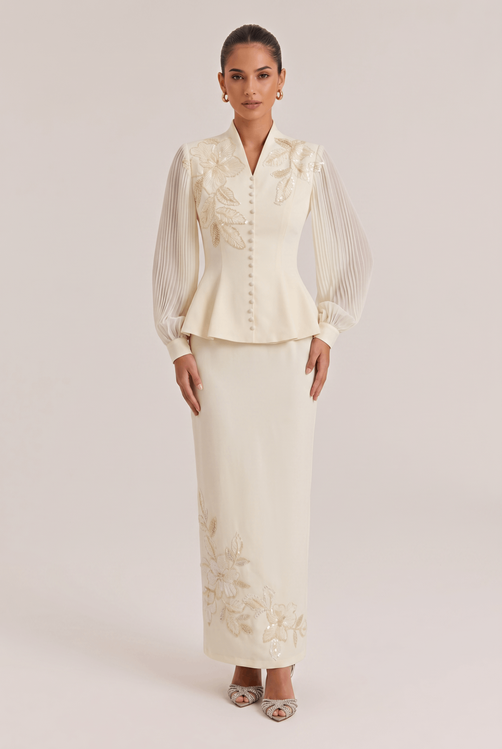 Embroidered Beaded Flower Trim French Elegant Slim Two-Piece Dress Set