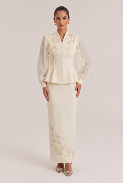 Embroidered Beaded Flower Trim French Elegant Slim Two-Piece Dress Set