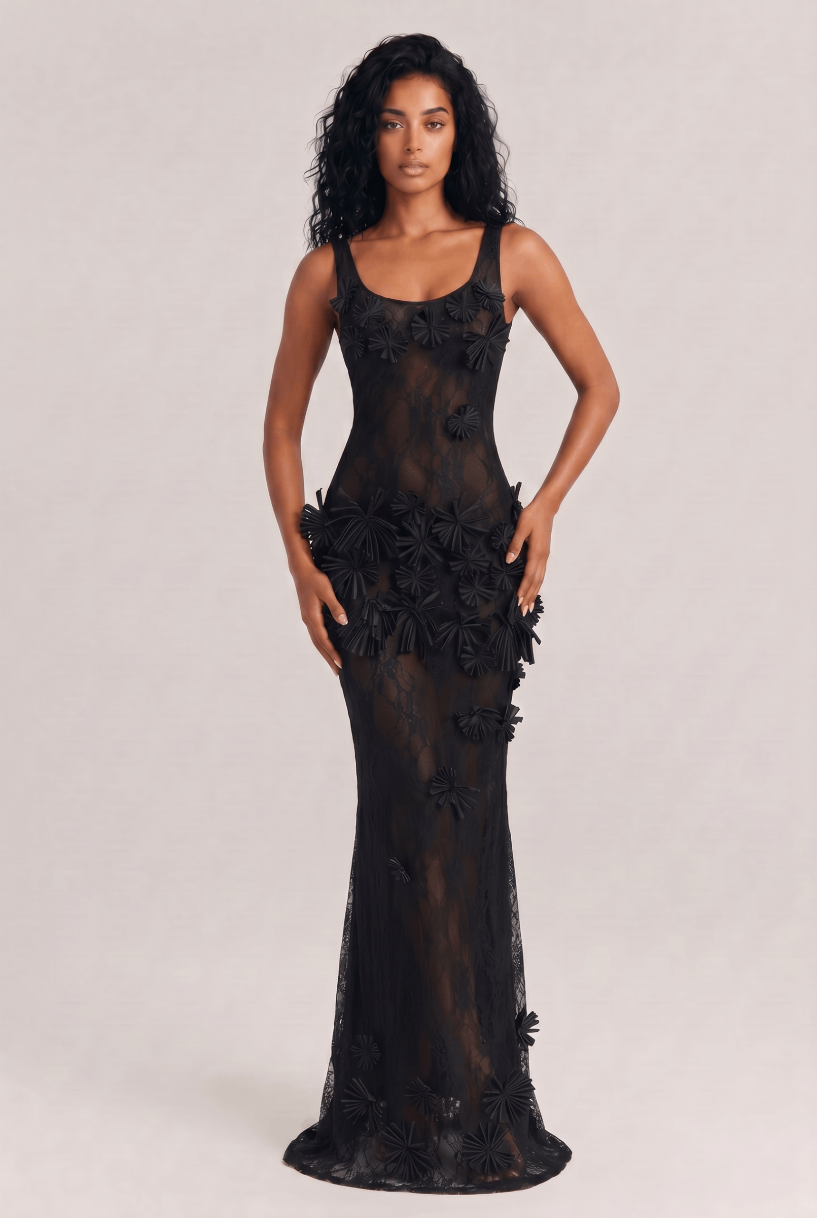 Black Three-dimensional Flower Perspective Lace Long Dress