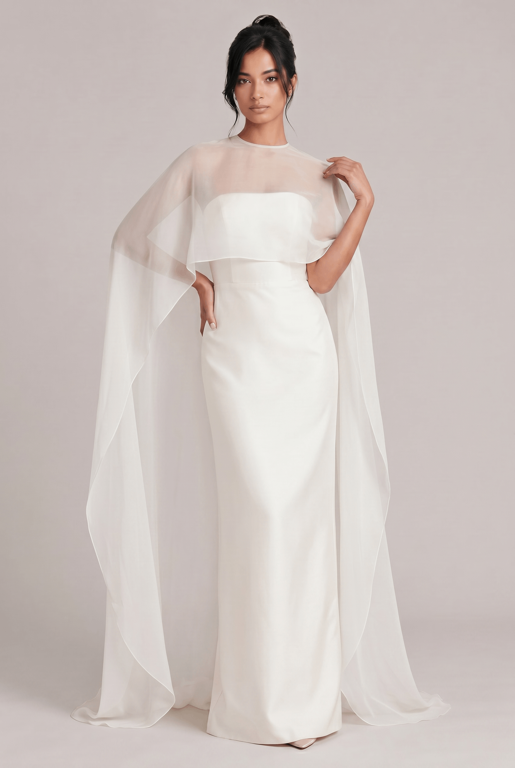 Elegant Sheer Cape Overlay Satin Maxi Dress