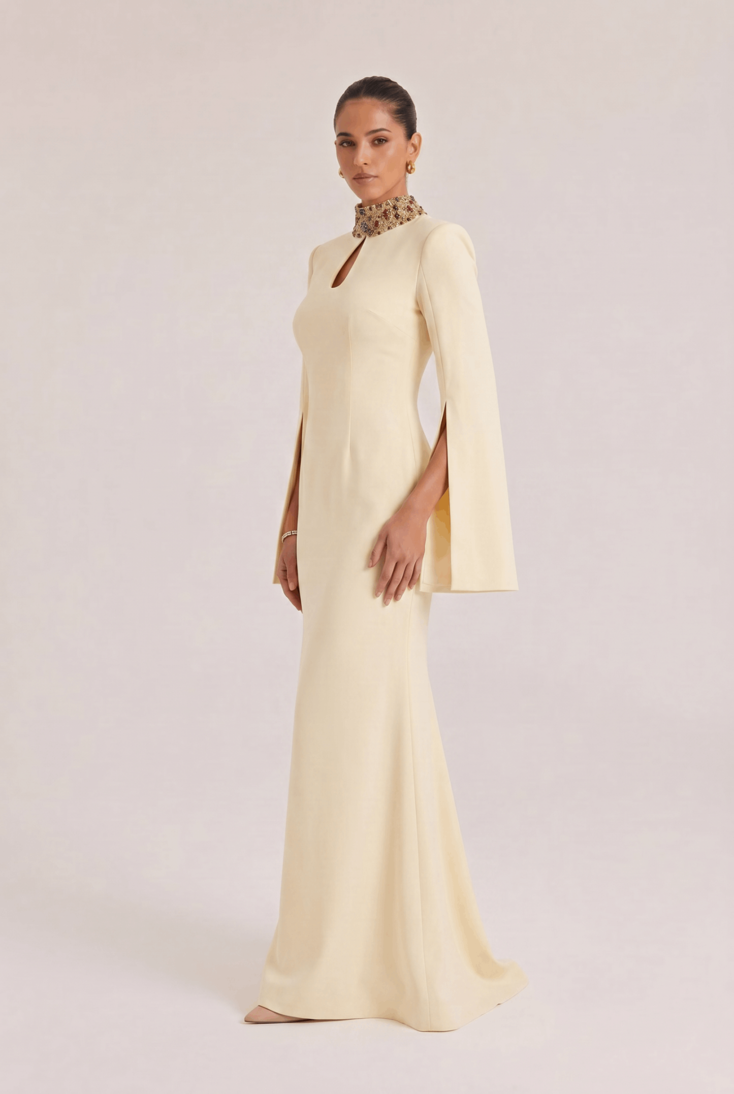 Vertical Collar Beaded And Diamond Split Dress