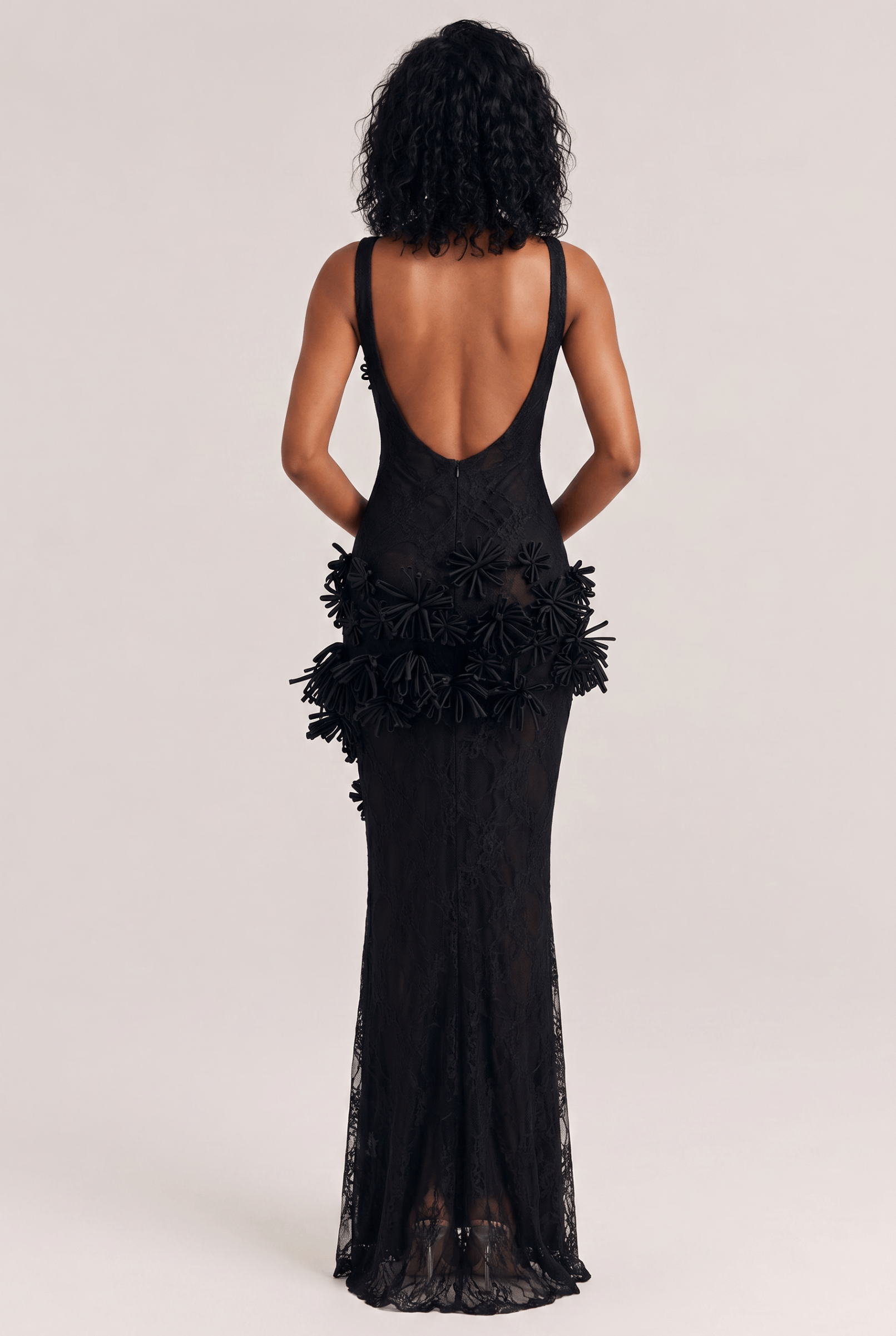 Black Three-dimensional Flower Perspective Lace Long Dress