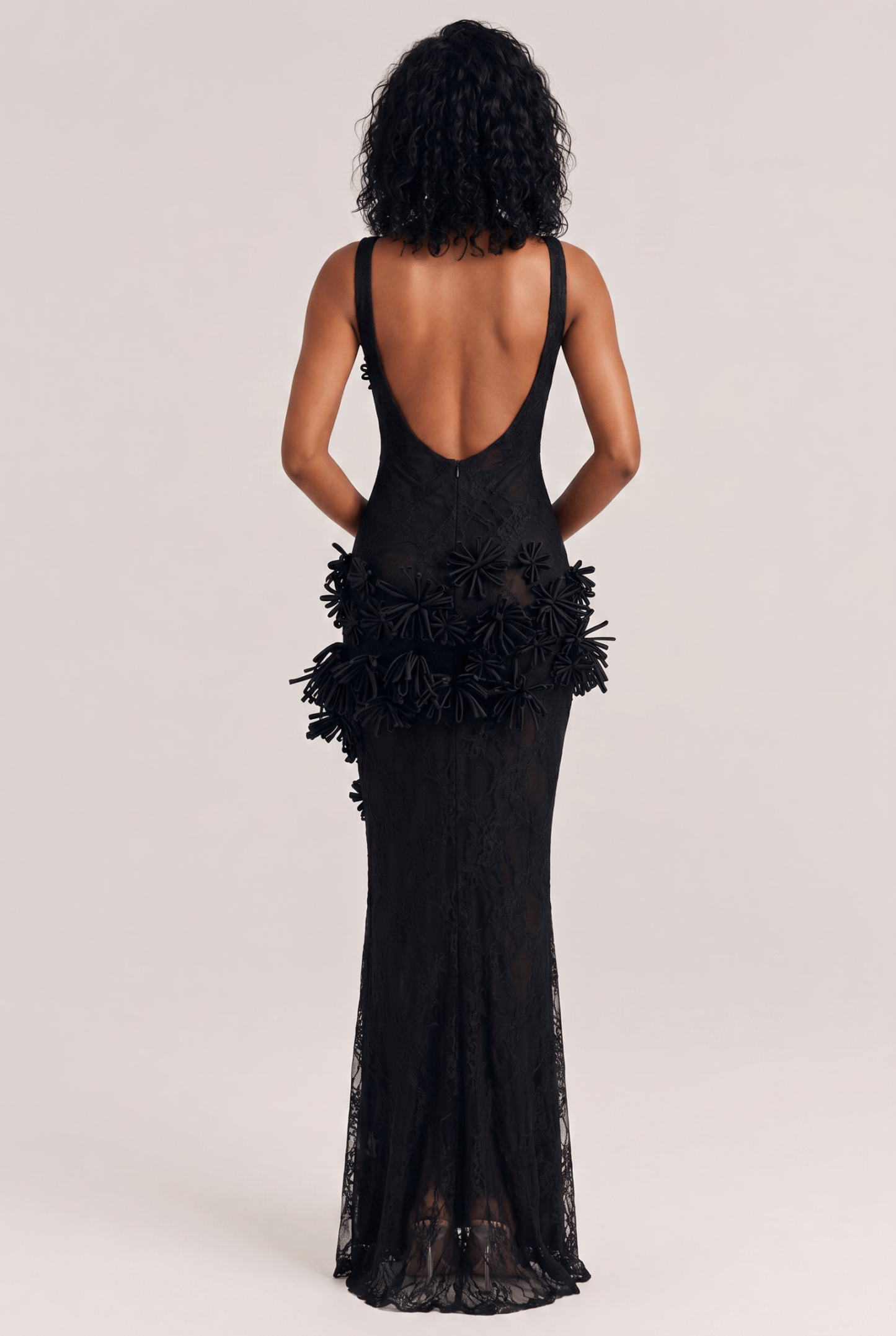 Black Three-dimensional Flower Perspective Lace Long Dress