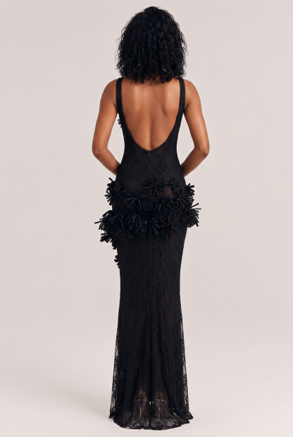Black Three-dimensional Flower Perspective Lace Long Dress