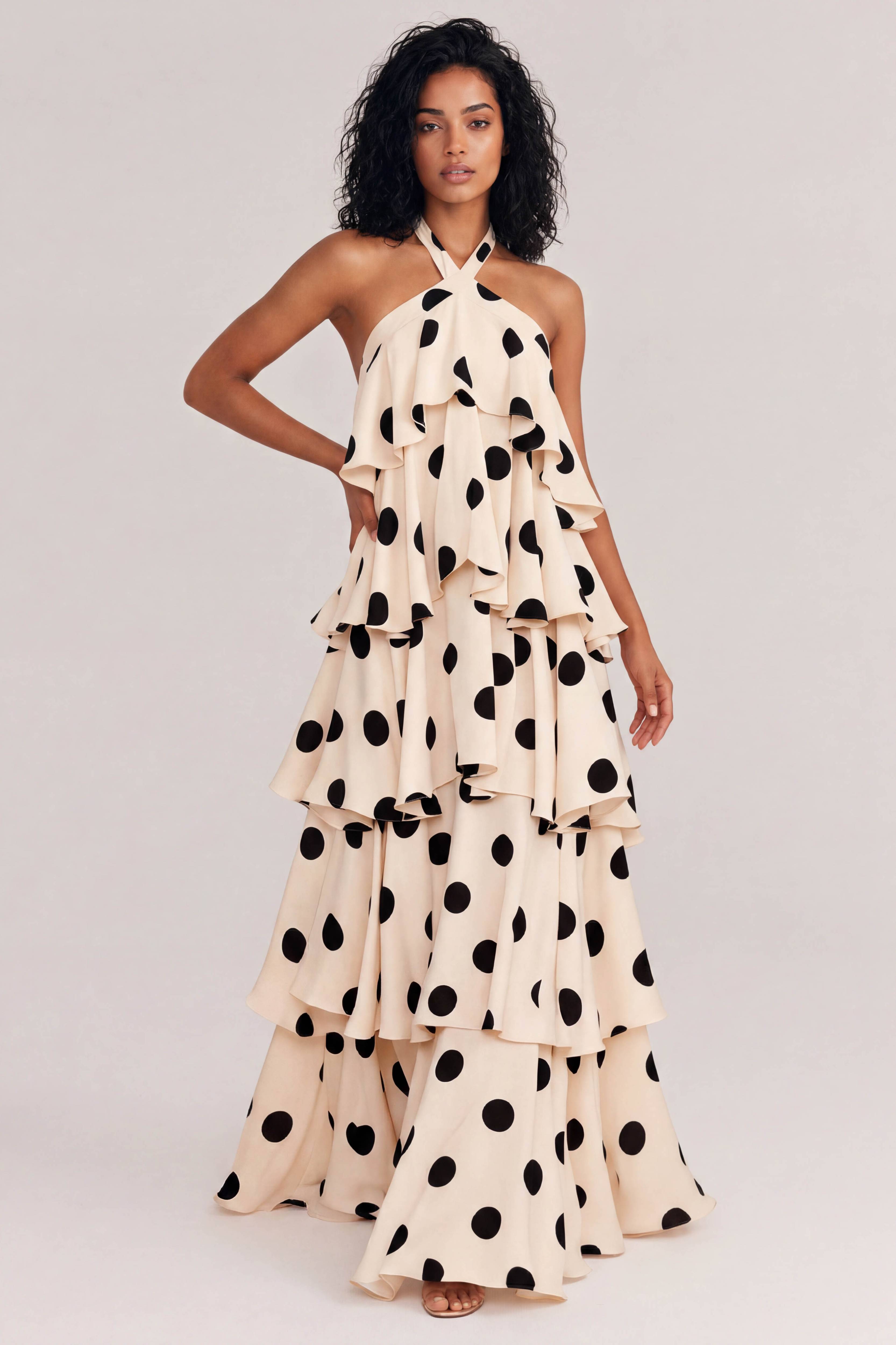 Elegant Halter Neck Polka Dot Tiered Maxi Dress