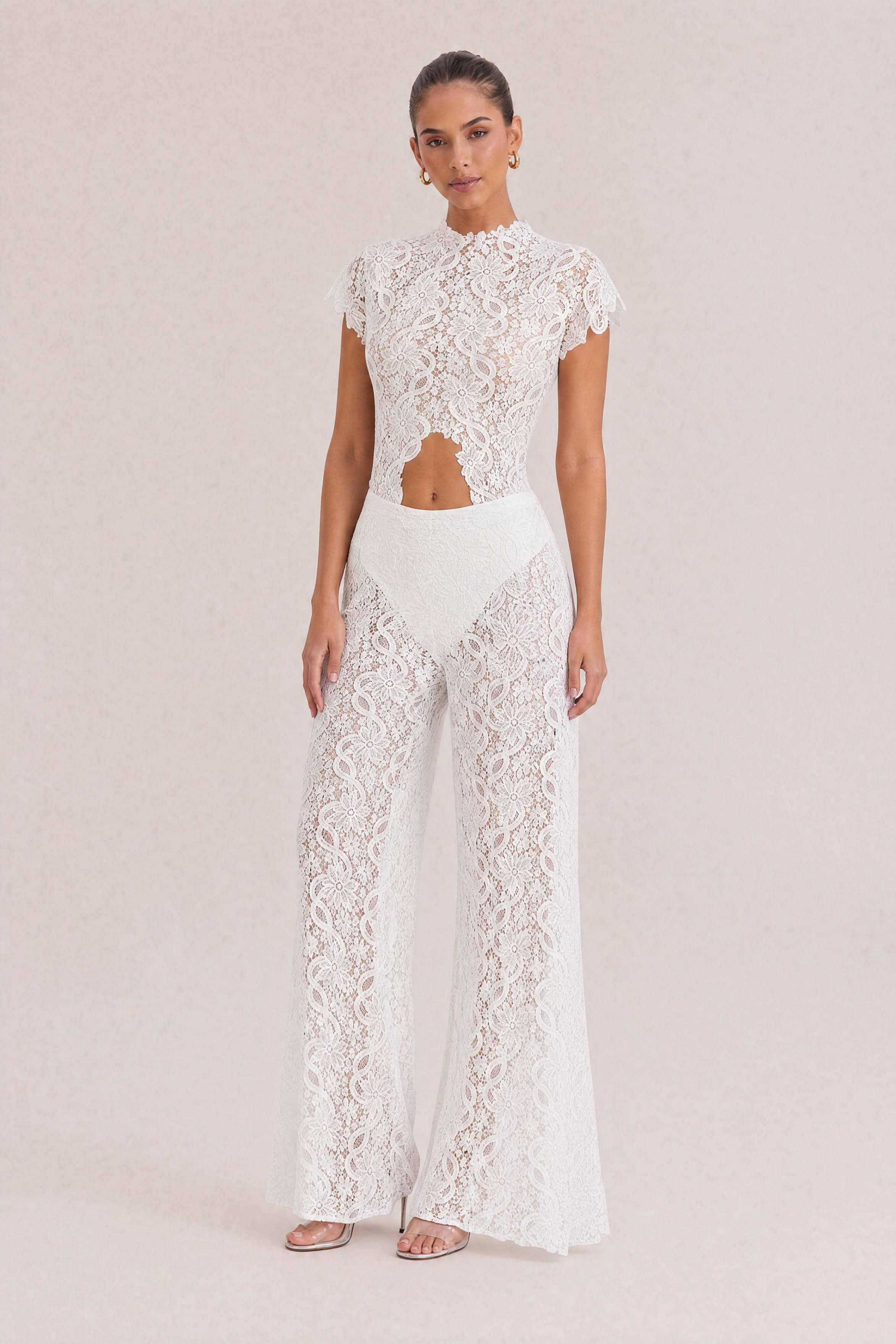 Lace Long-sleeved Top And Wide-leg Pants Set