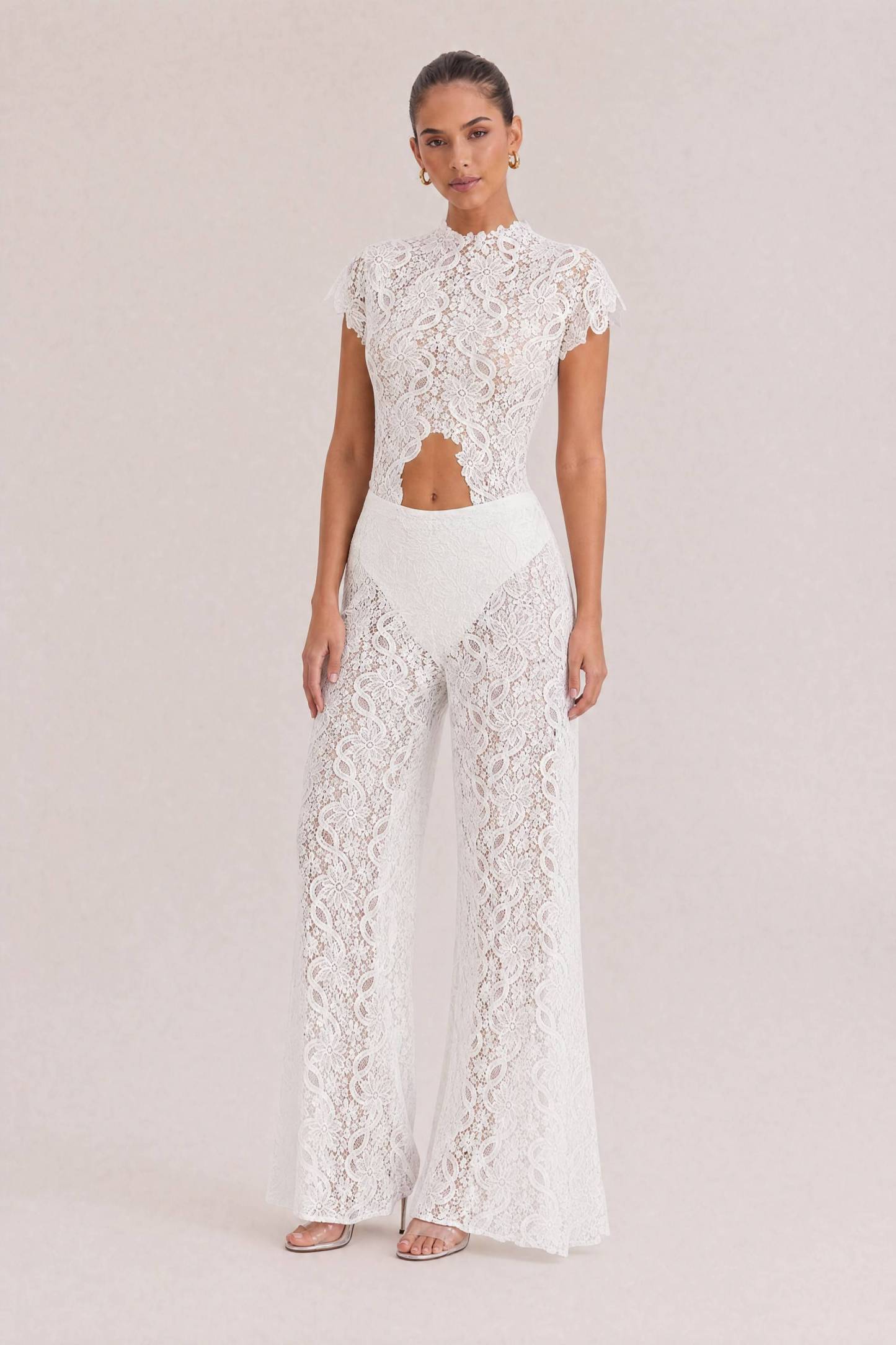 Lace Long-sleeved Top And Wide-leg Pants Set