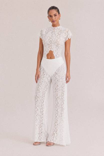 Lace Long-sleeved Top And Wide-leg Pants Set